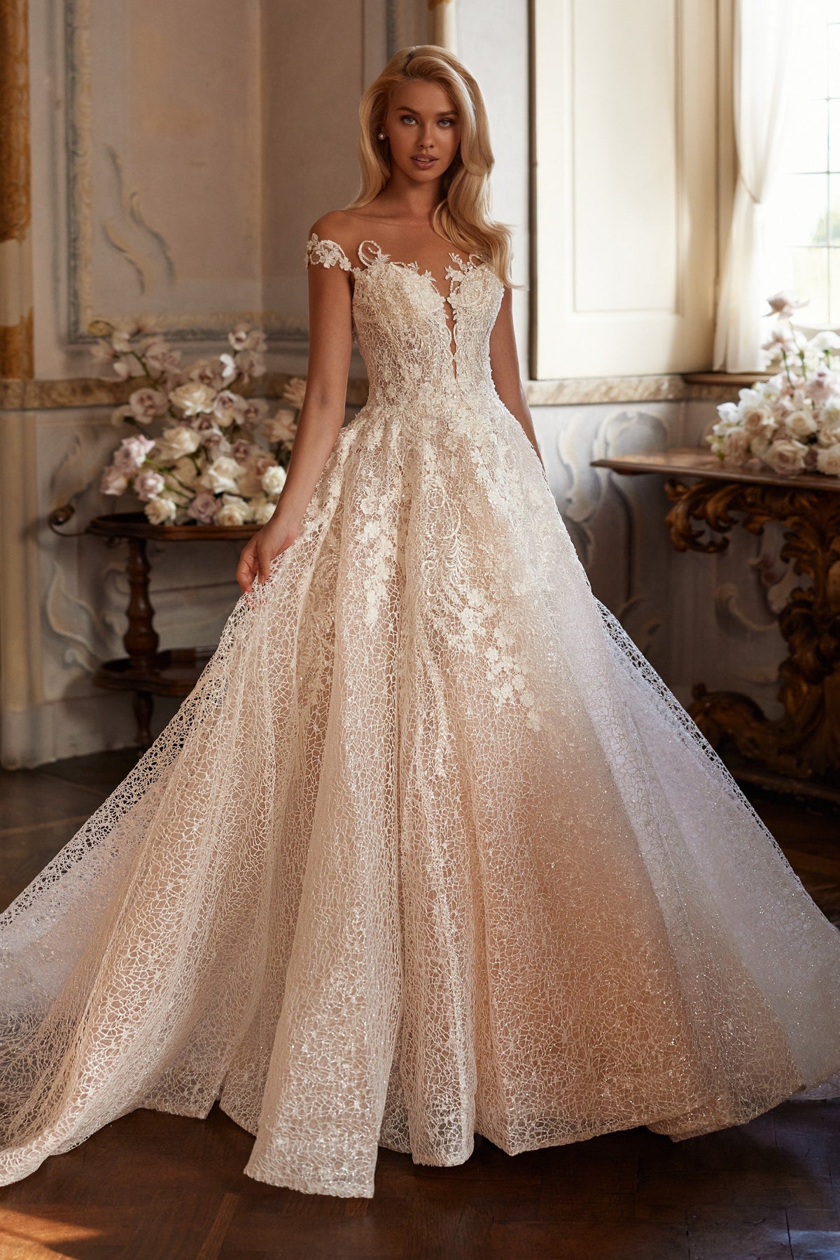 Sherri Hill 81069 off-the-shoulder lace ball gown wedding dress