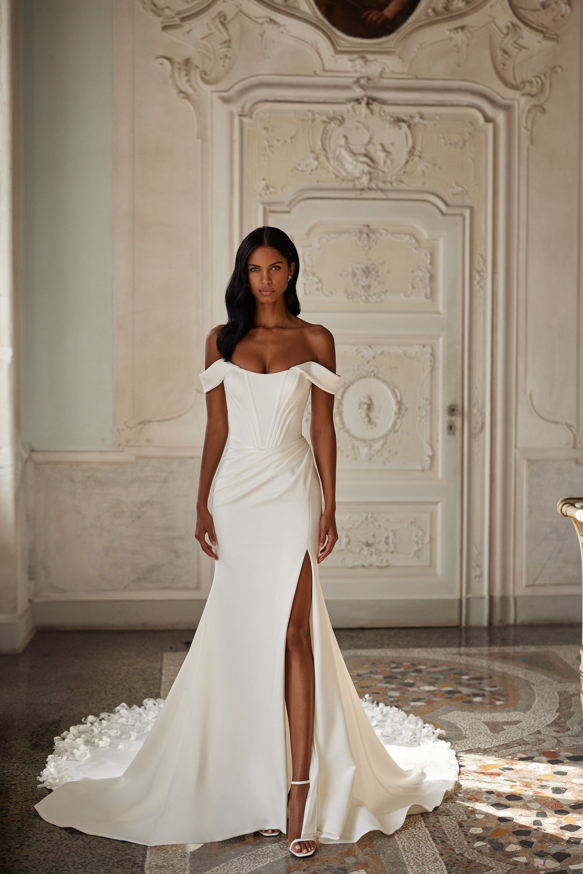 Sherri Hill 81125 strapless mermaid wedding dress with lace train in ivory/ivory