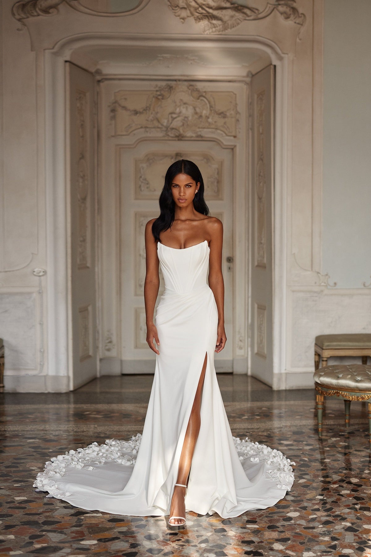 Sherri Hill 81125 strapless mermaid wedding dress with lace train in ivory/ivory