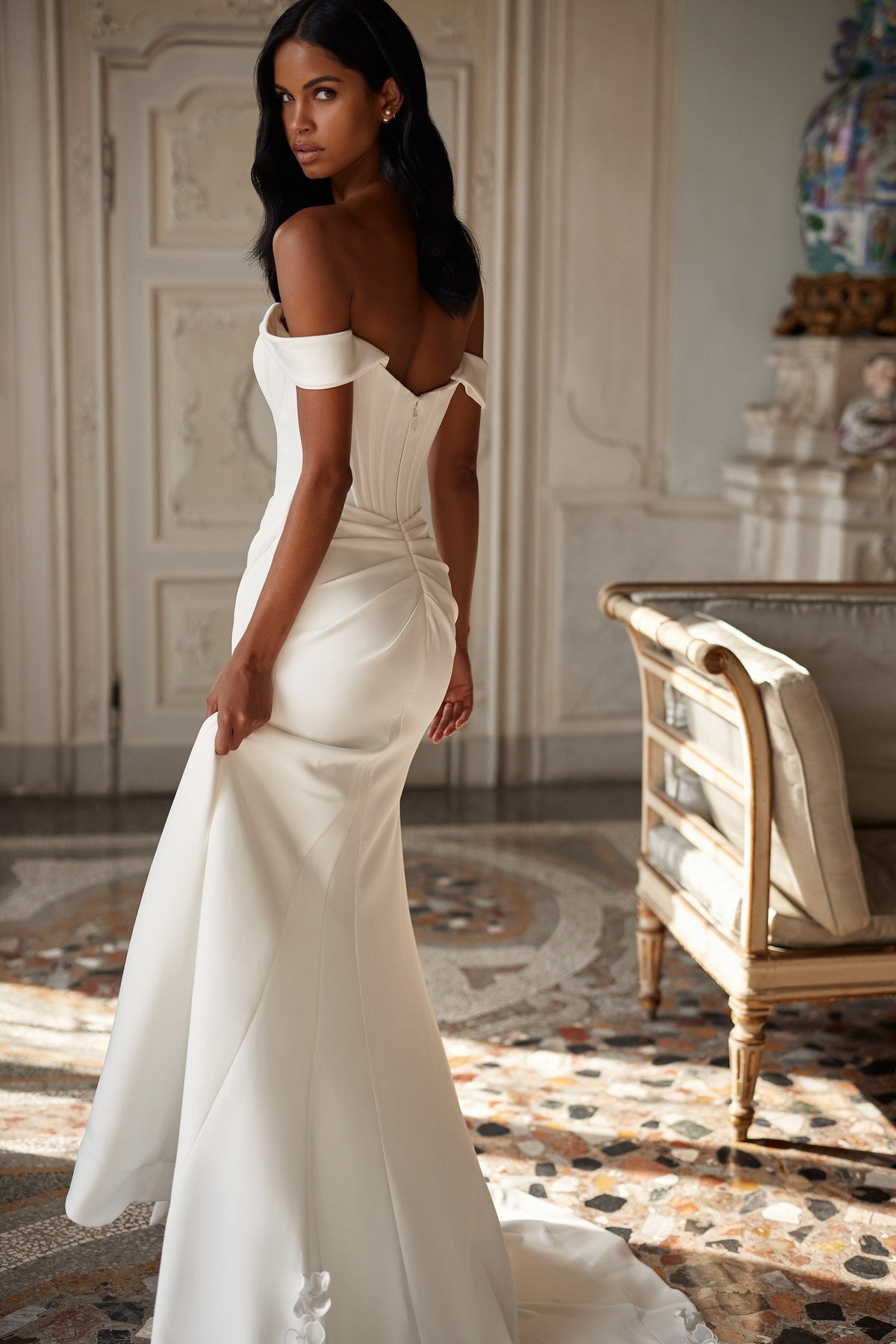 Sherri Hill 81125 strapless mermaid wedding dress with lace train in ivory/ivory