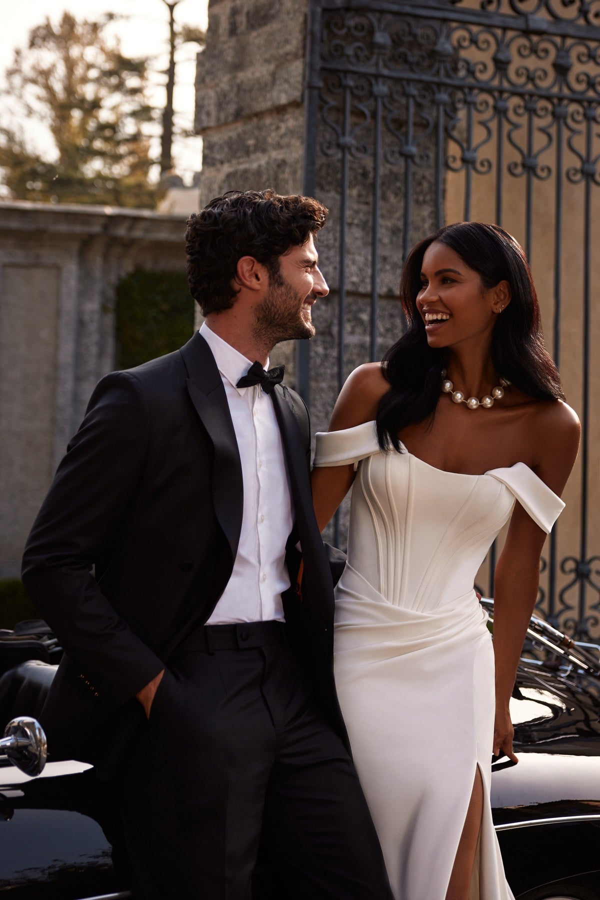 Sherri Hill 81129 strapless satin wedding dress with slit and train in ivory