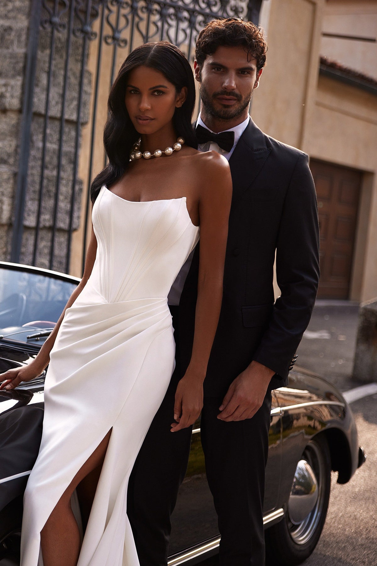 Sherri Hill 81129 strapless satin wedding dress with slit and train in ivory