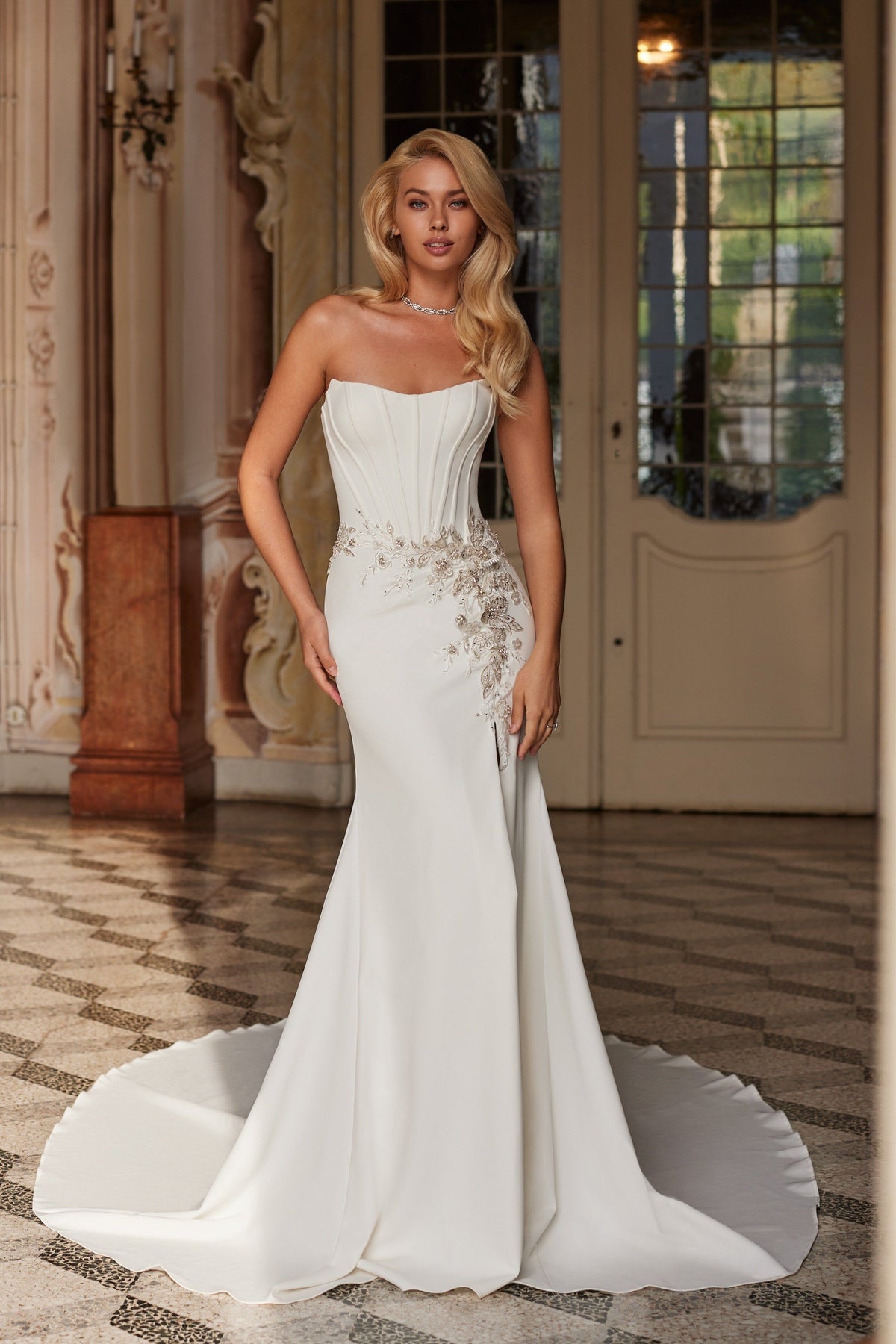 Sherri Hill 81137 strapless satin mermaid wedding dress in ivory