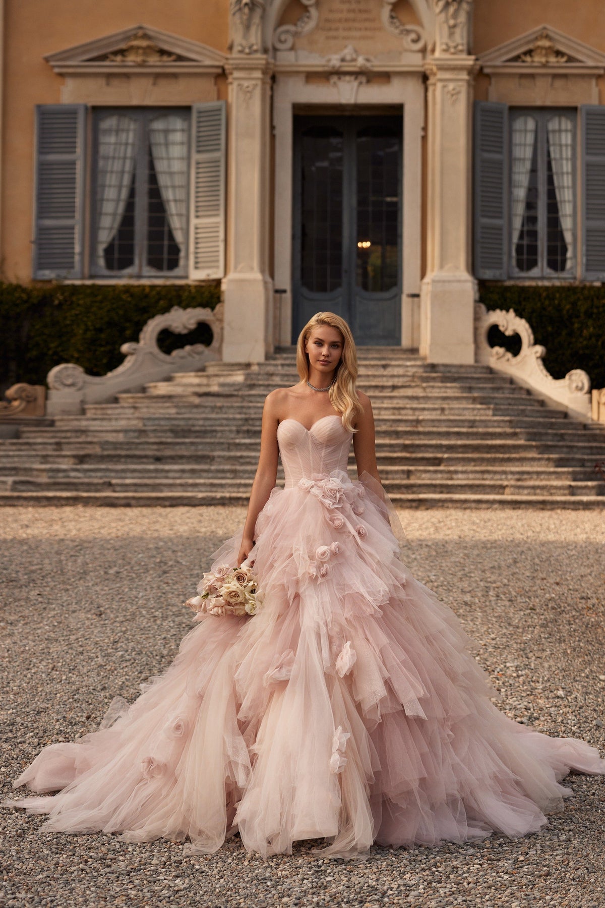 Sherri Hill 81143 ruffled tulle ball gown wedding dress in blush/ivory