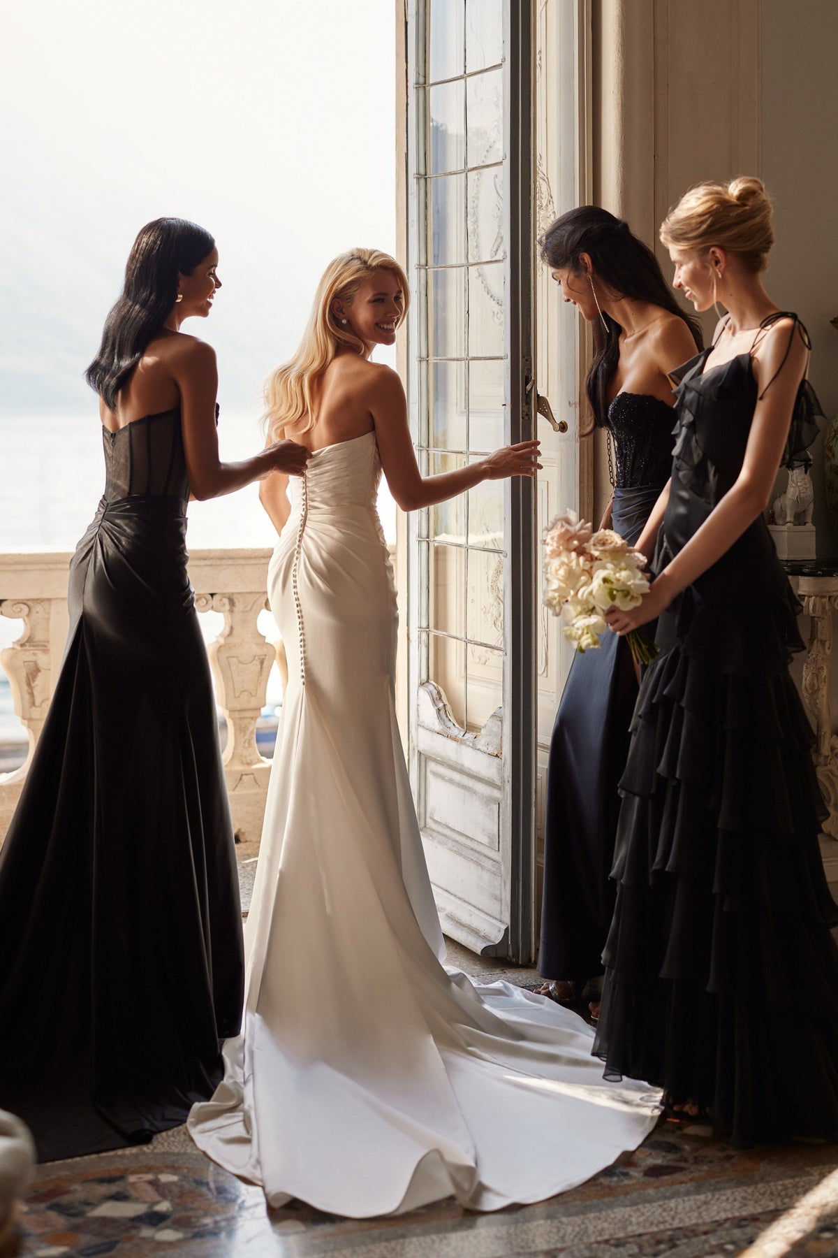 Sherri Hill 81148 draped fitted wedding dress with slit in ivory