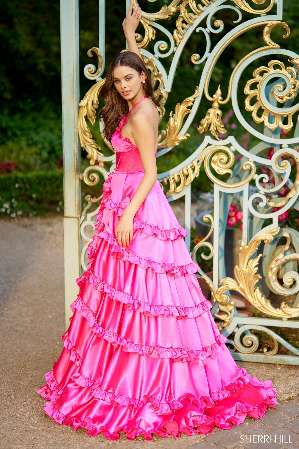 Sherri Hill 56258 charmeuse high neckline ball gown