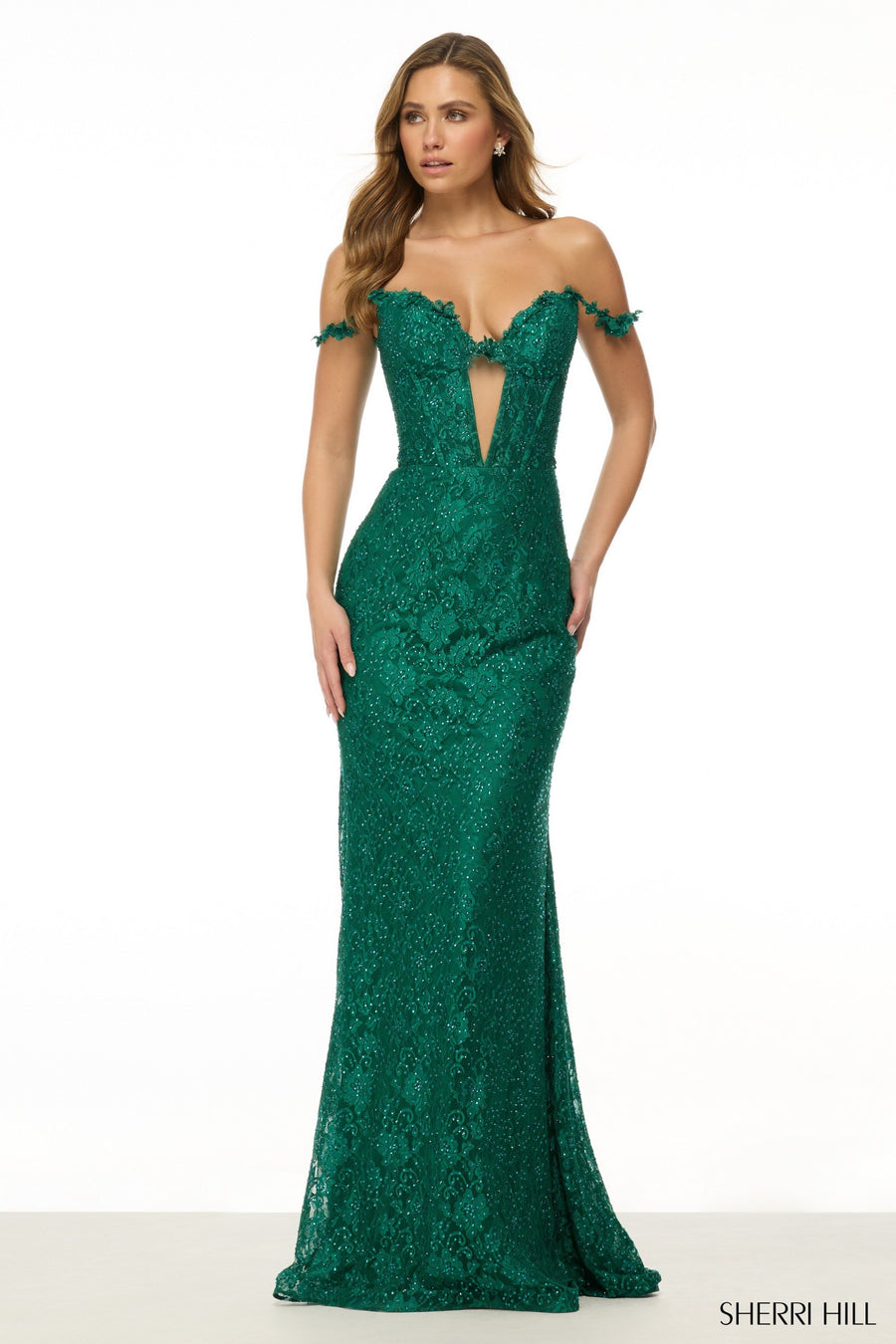 Sherri Hill style 57178 in black, Fitted Off the Shoulder Lace Gown