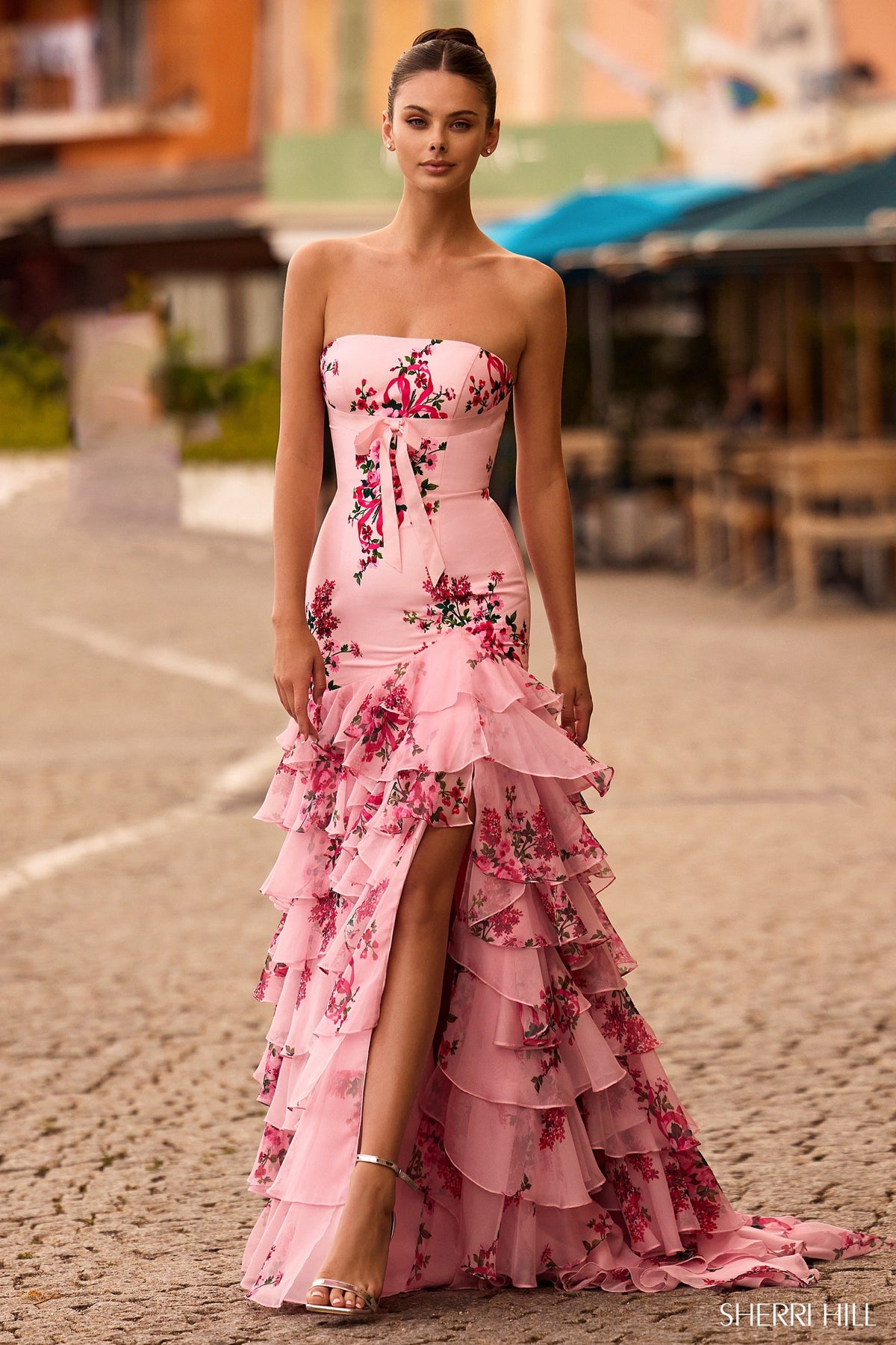 Sherri Hill 57144 strapless floral taffeta mermaid gown in pink print