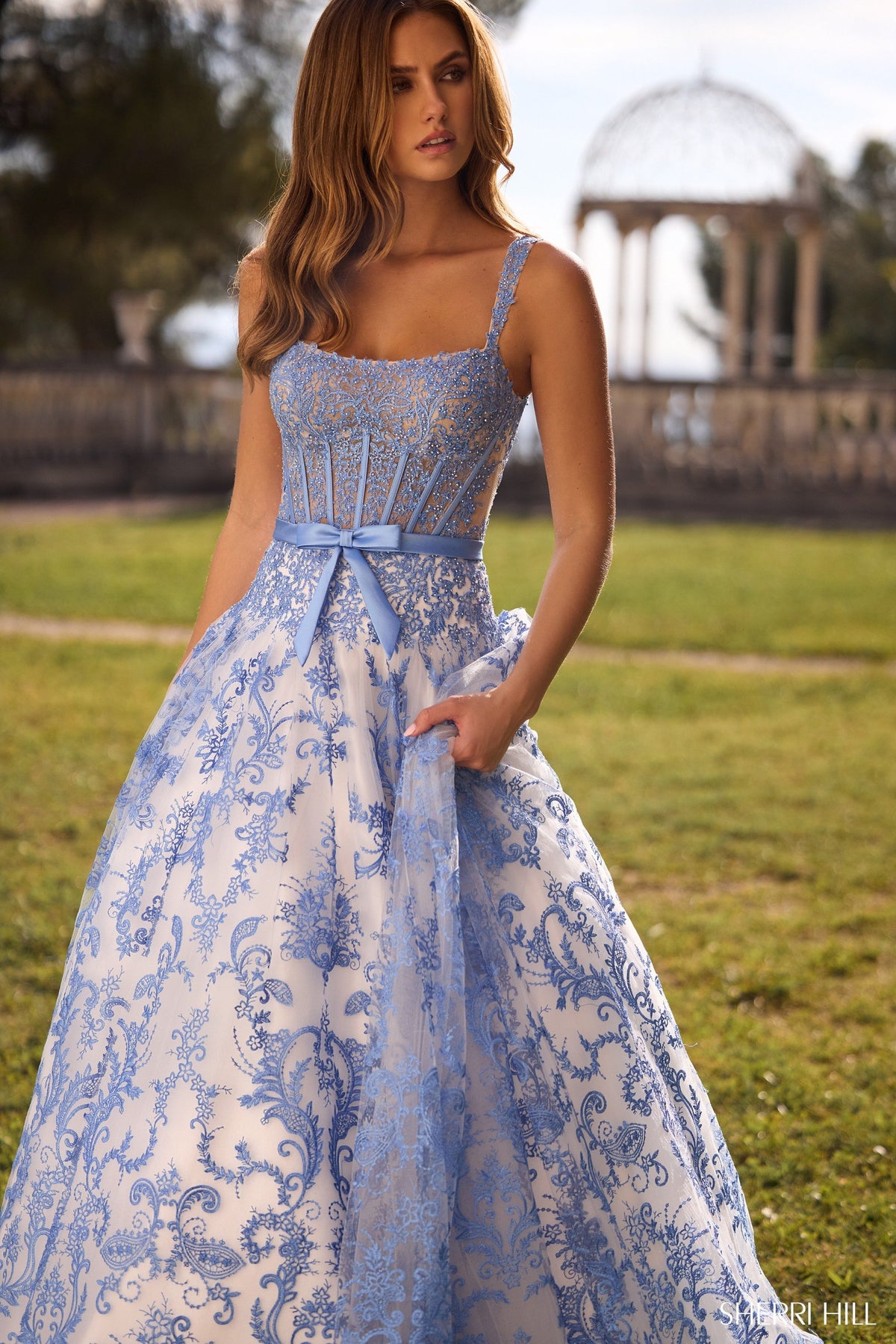 Sherri Hill 57058 fitted floral embroidered lace ball gown