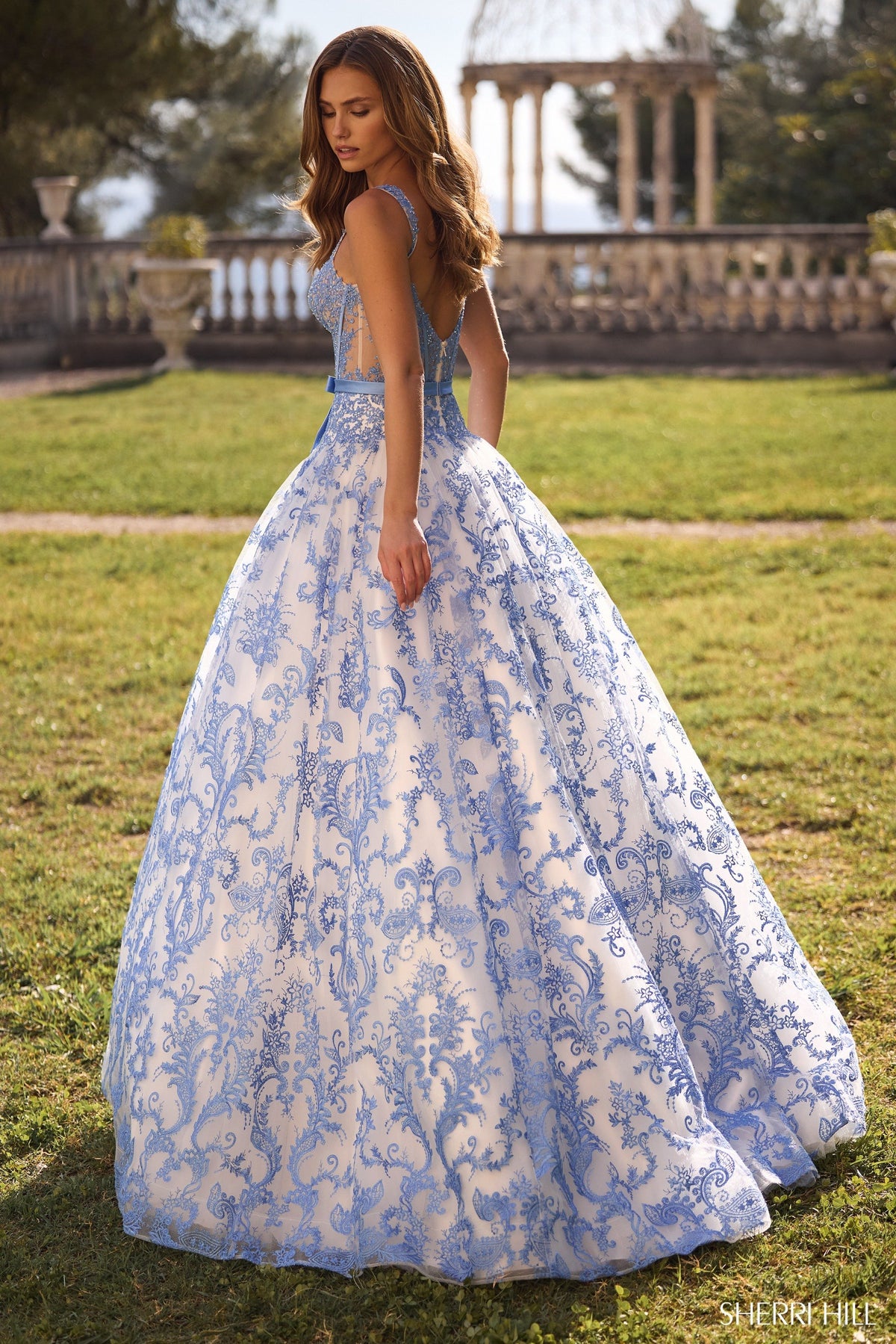 Sherri Hill 57058 fitted floral embroidered lace ball gown