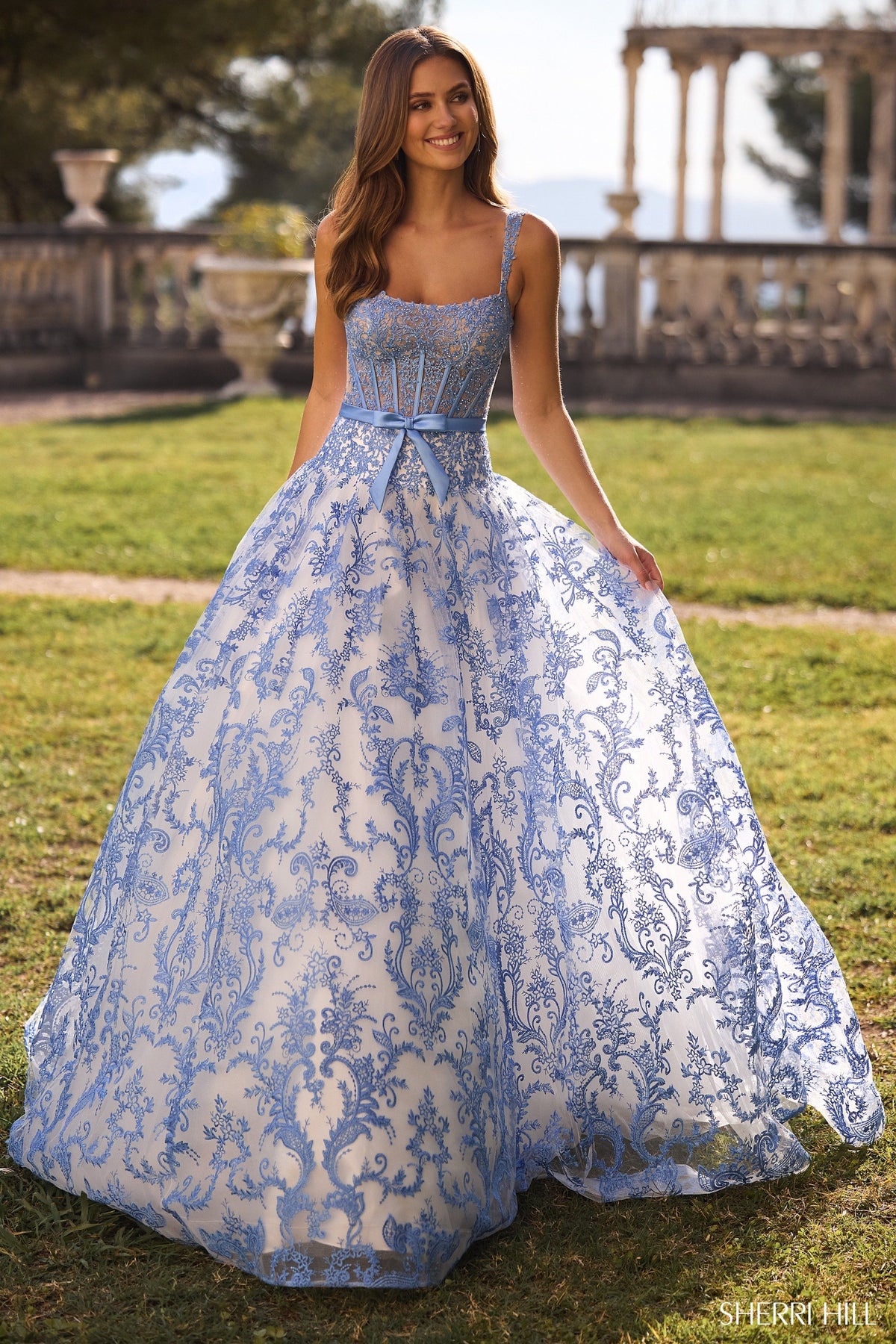 Sherri Hill 57058 fitted floral embroidered lace ball gown