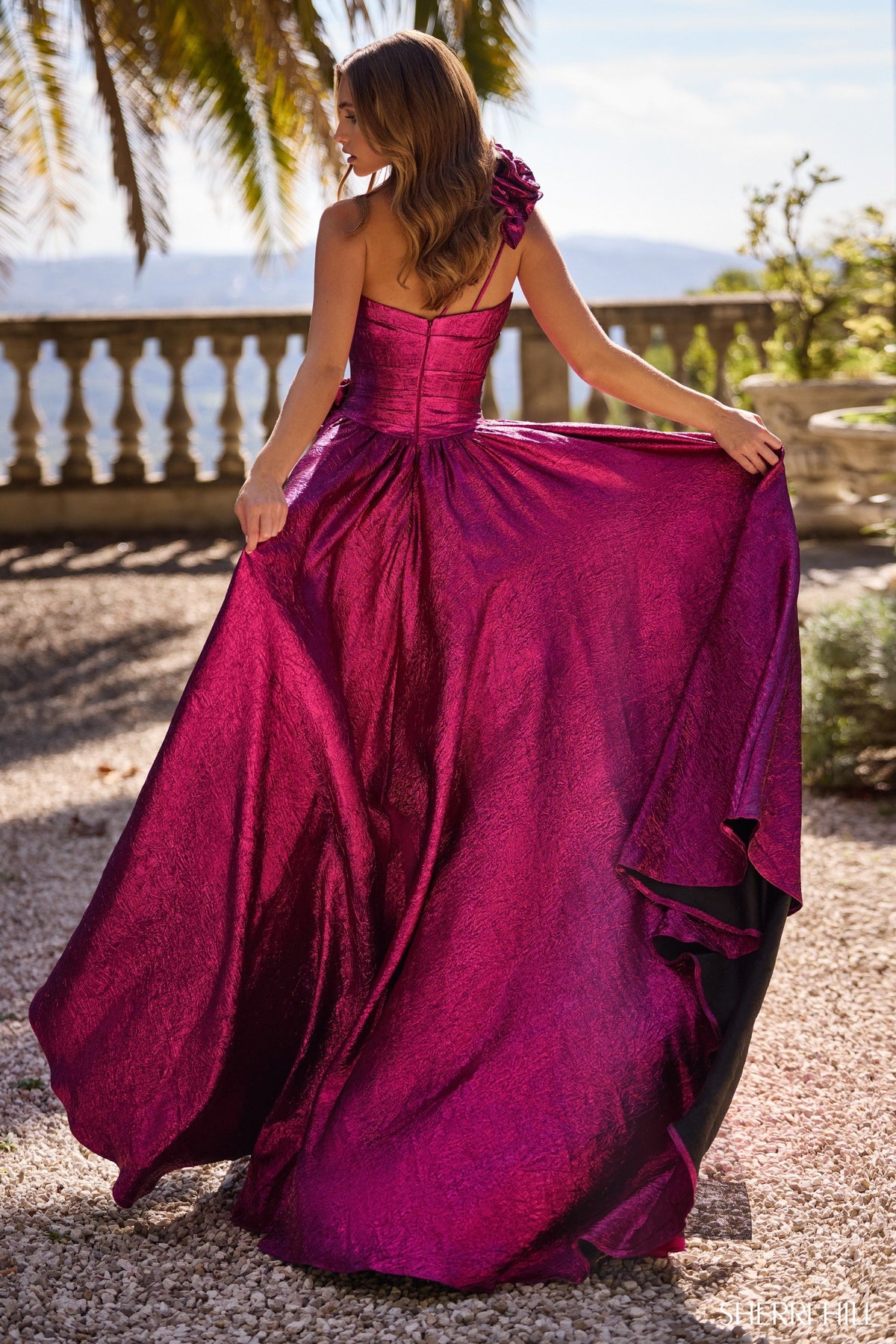 Sherri Hill 57090 one shoulder brocade A-line gown