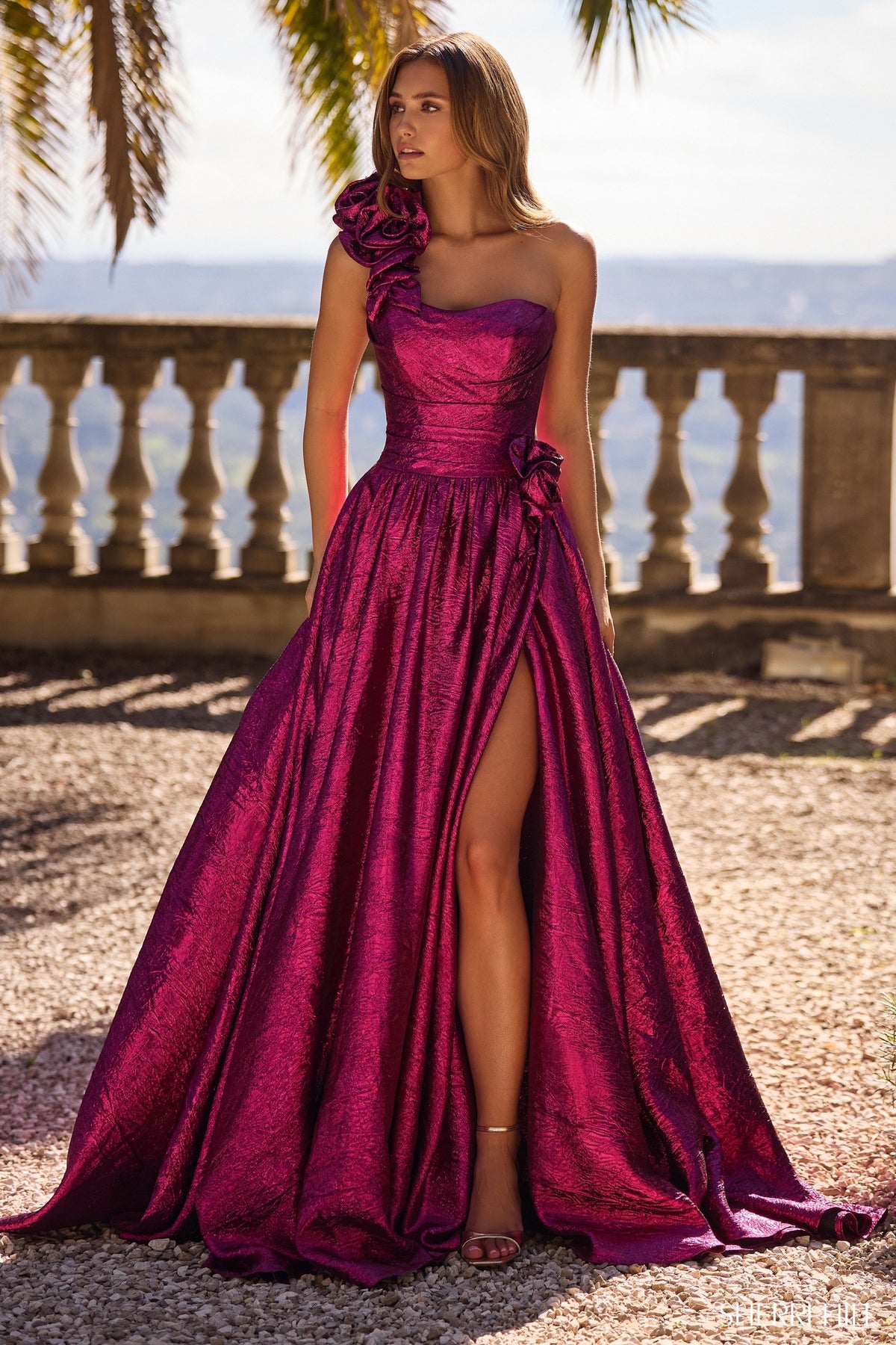 Sherri Hill 57090 one shoulder brocade A-line gown
