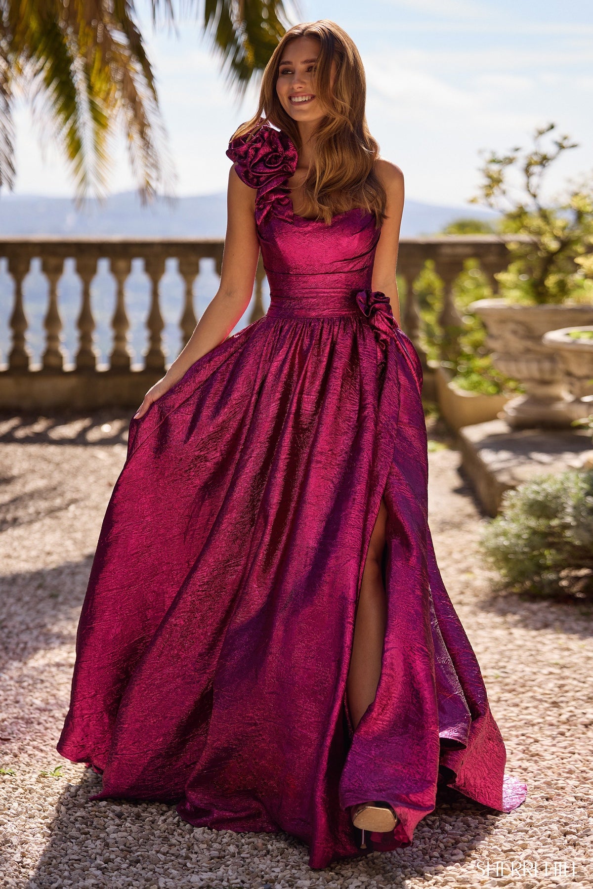 Sherri Hill 57090 one shoulder brocade A-line gown