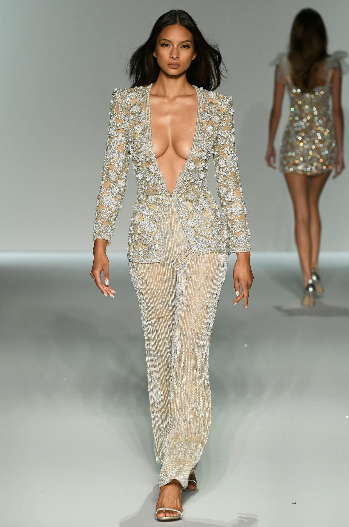 Sherri Hill style 67047 in nude with ivory and silver