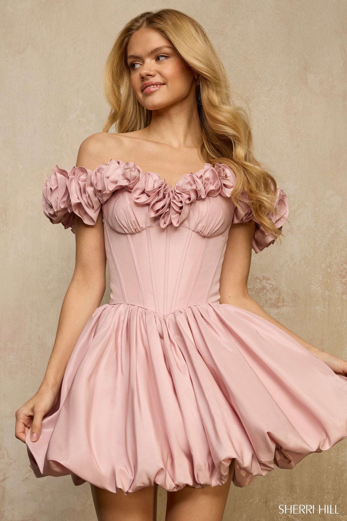 Sherri Hill 57394 off the shoulder 3D flower cocktail dress