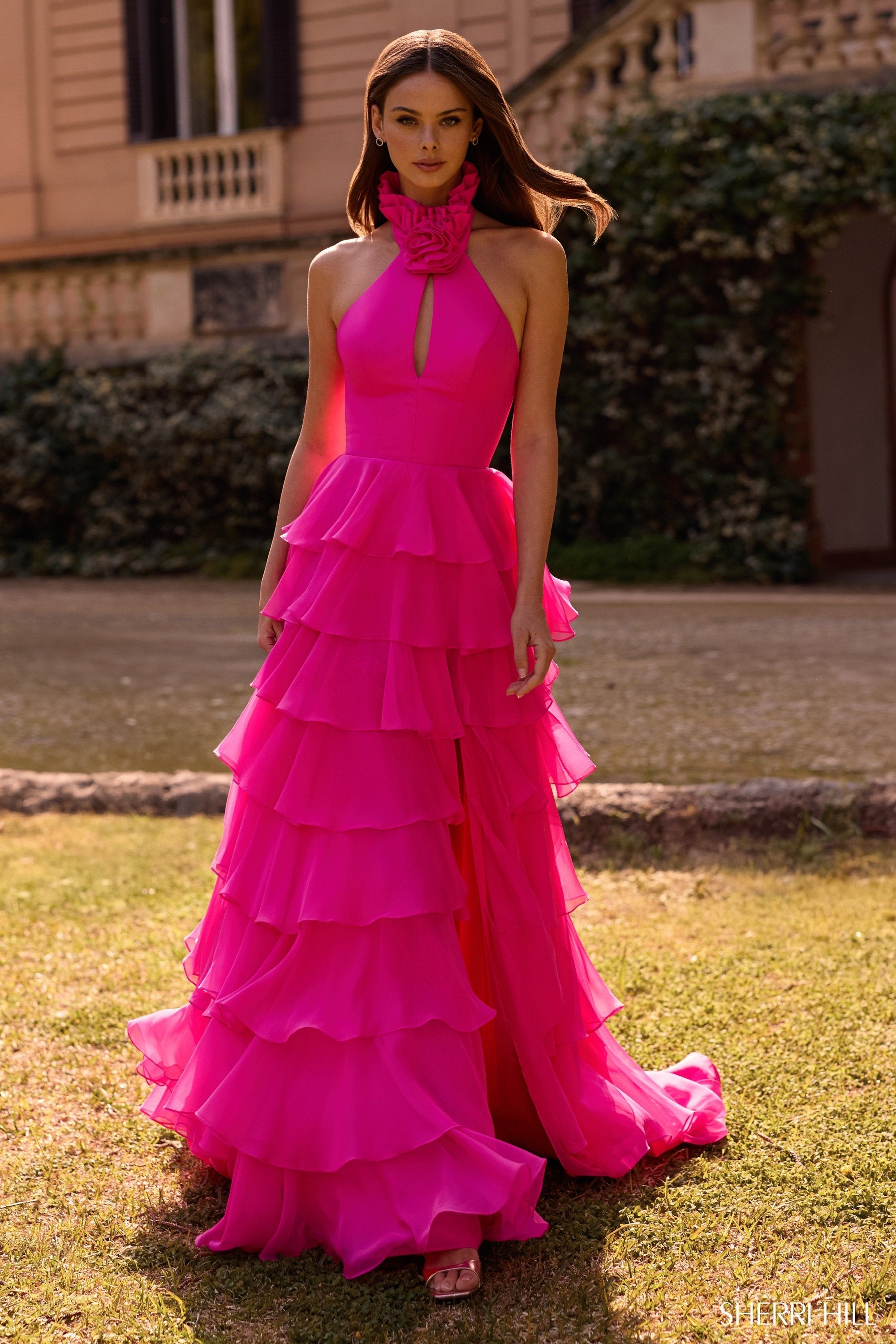 strapless open back dress Pink x Loveshackfancy Printed Chiffon Cascade Ruffle Midi Dress Holly Tartan / XL main image 0