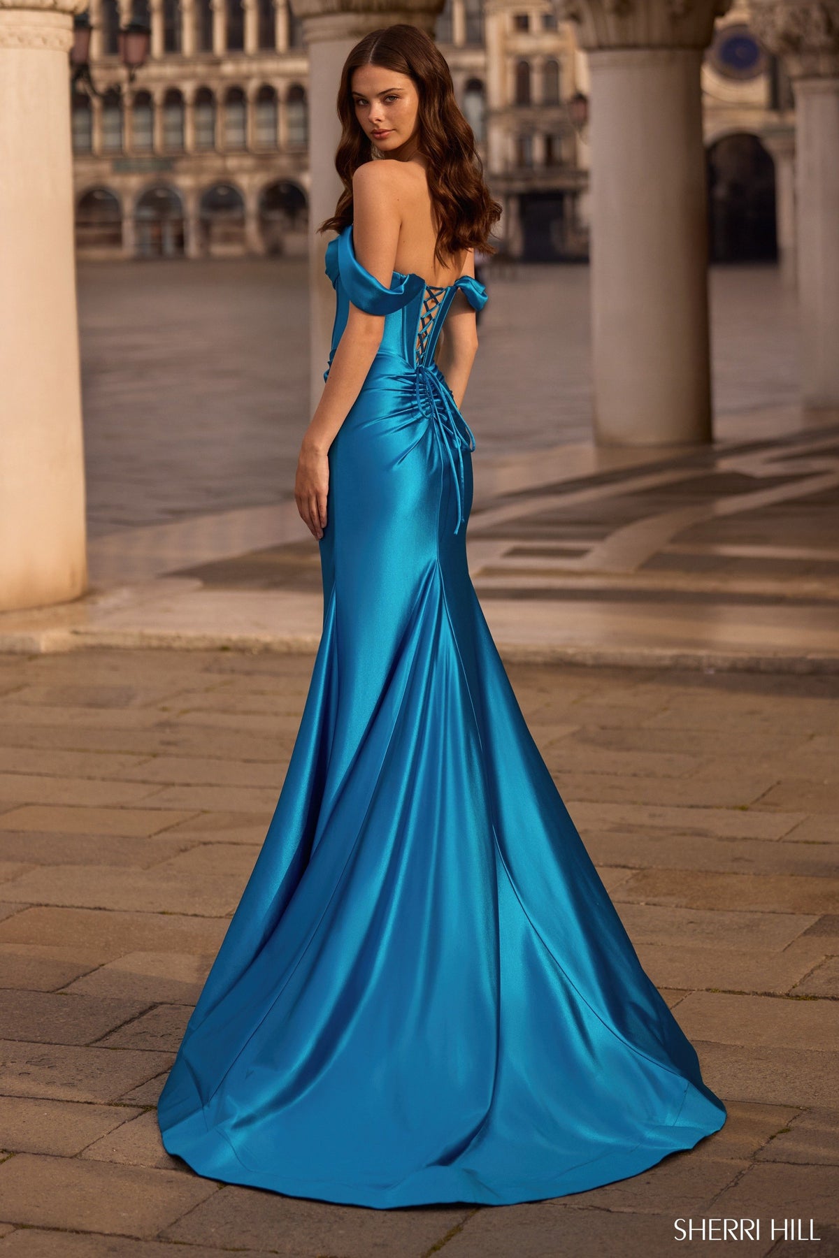 Sherri Hill 57454 off the shoulder fitted stretch satin gown