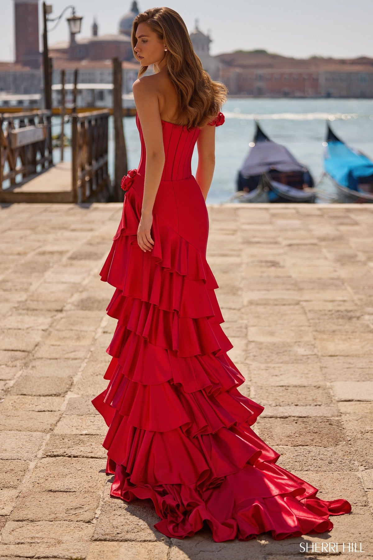 Sherri Hill 57484 one shoulder stretch satin gown