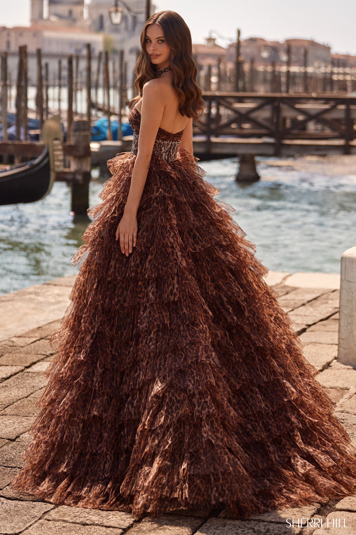 Sherri Hill 57510 strapless cheetah print ruffle gown