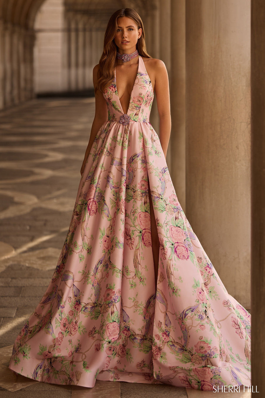 Sherri Hill style 57600 in light pink print, Halter Floral Print Gown