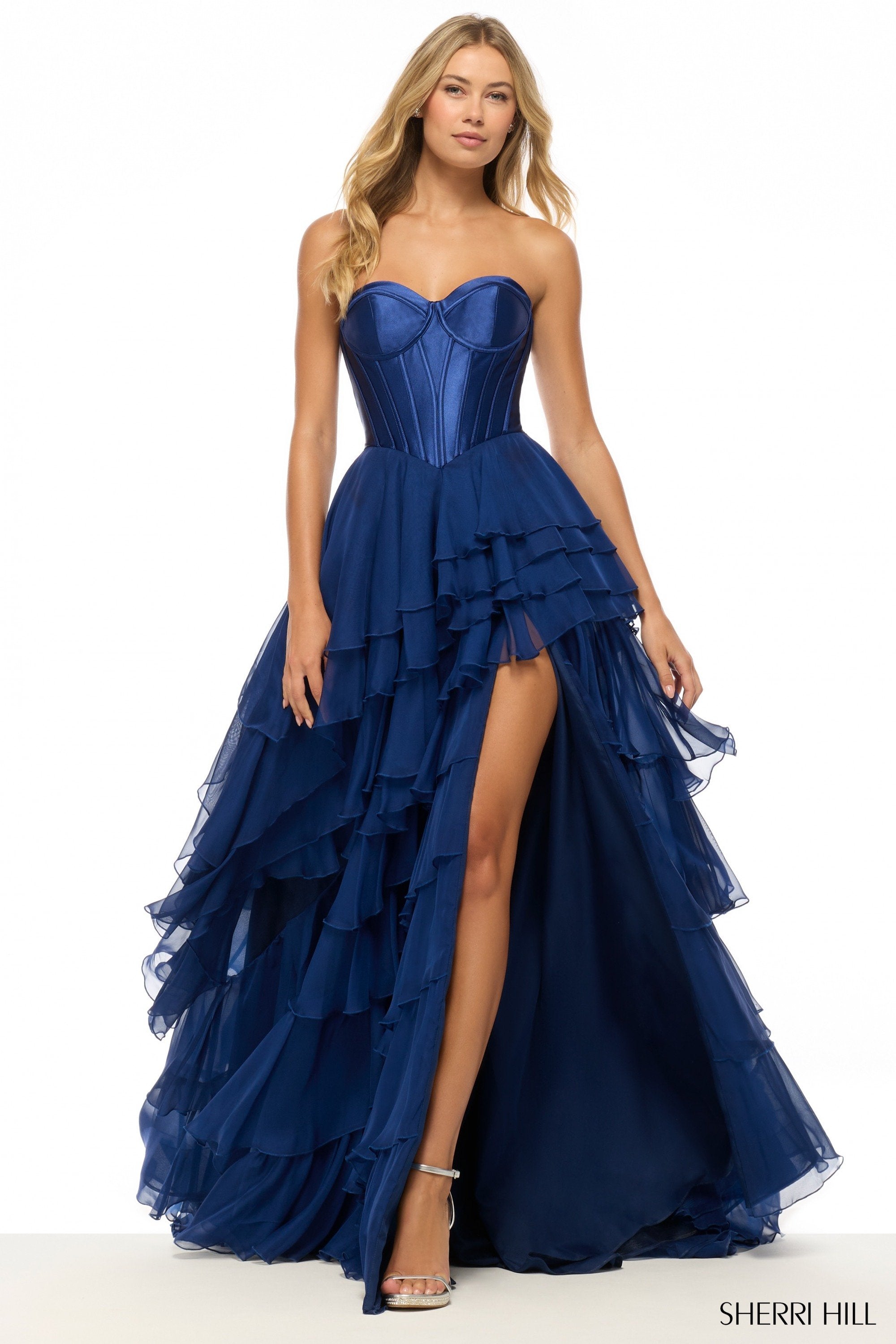 sherri hill navy blue strapless dress 57653 Condition:New With Tag high slit preference_bold Make it Elegant Slate