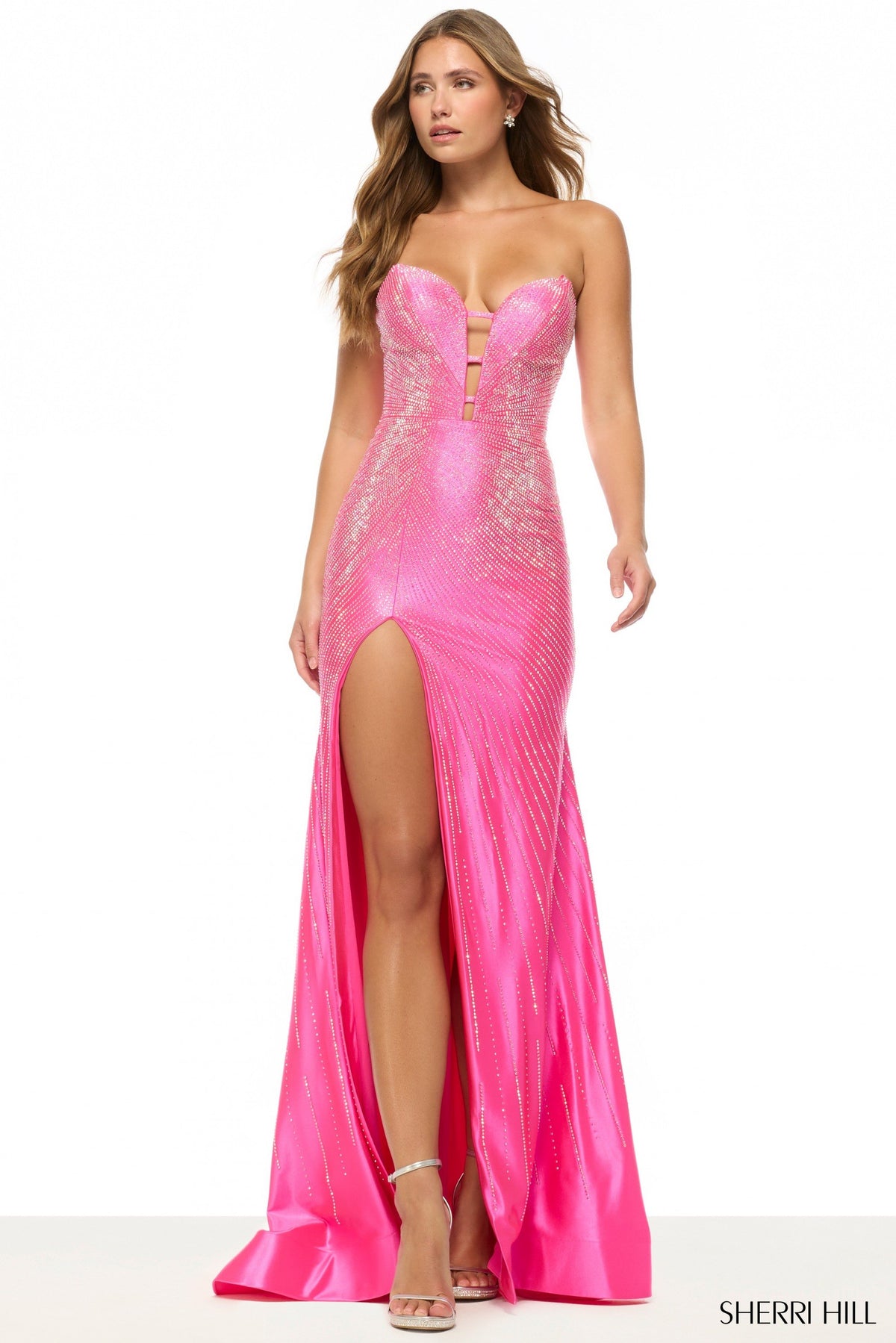 Sherri Hill 57684 strapless fitted hot fix gown in bright fuchsia