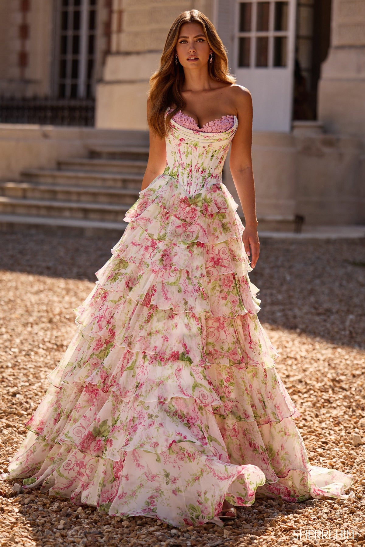 Sherri Hill 57693 strapless floral gown