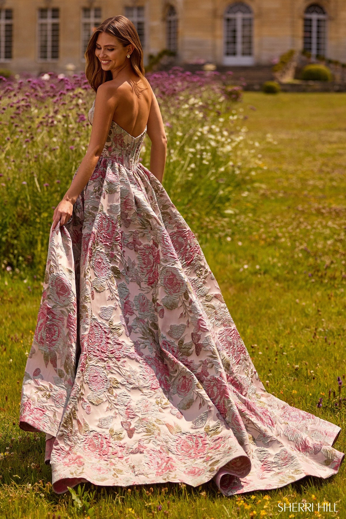 Sherri Hill 57757 strapless brocade gown