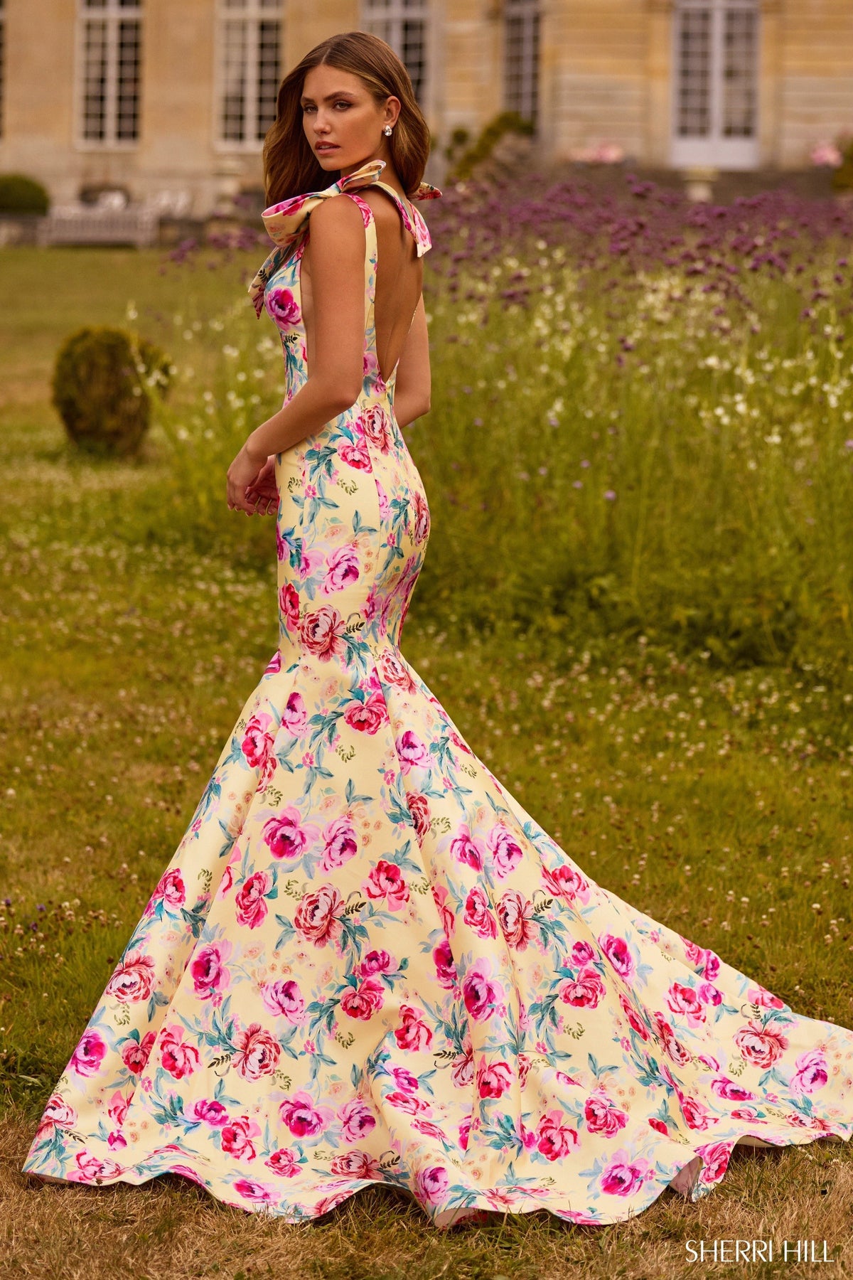 Sherri Hill 57848 mermaid floral gown in yellow print