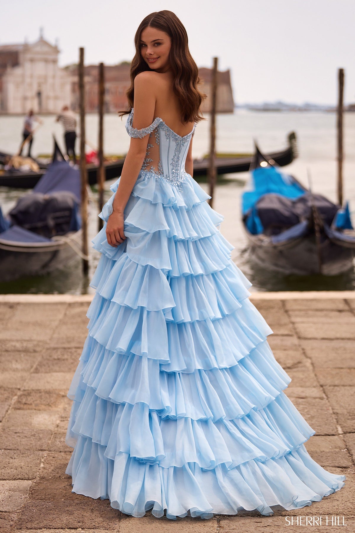 Sherri Hill 57528 off the shoulder A-line gown
