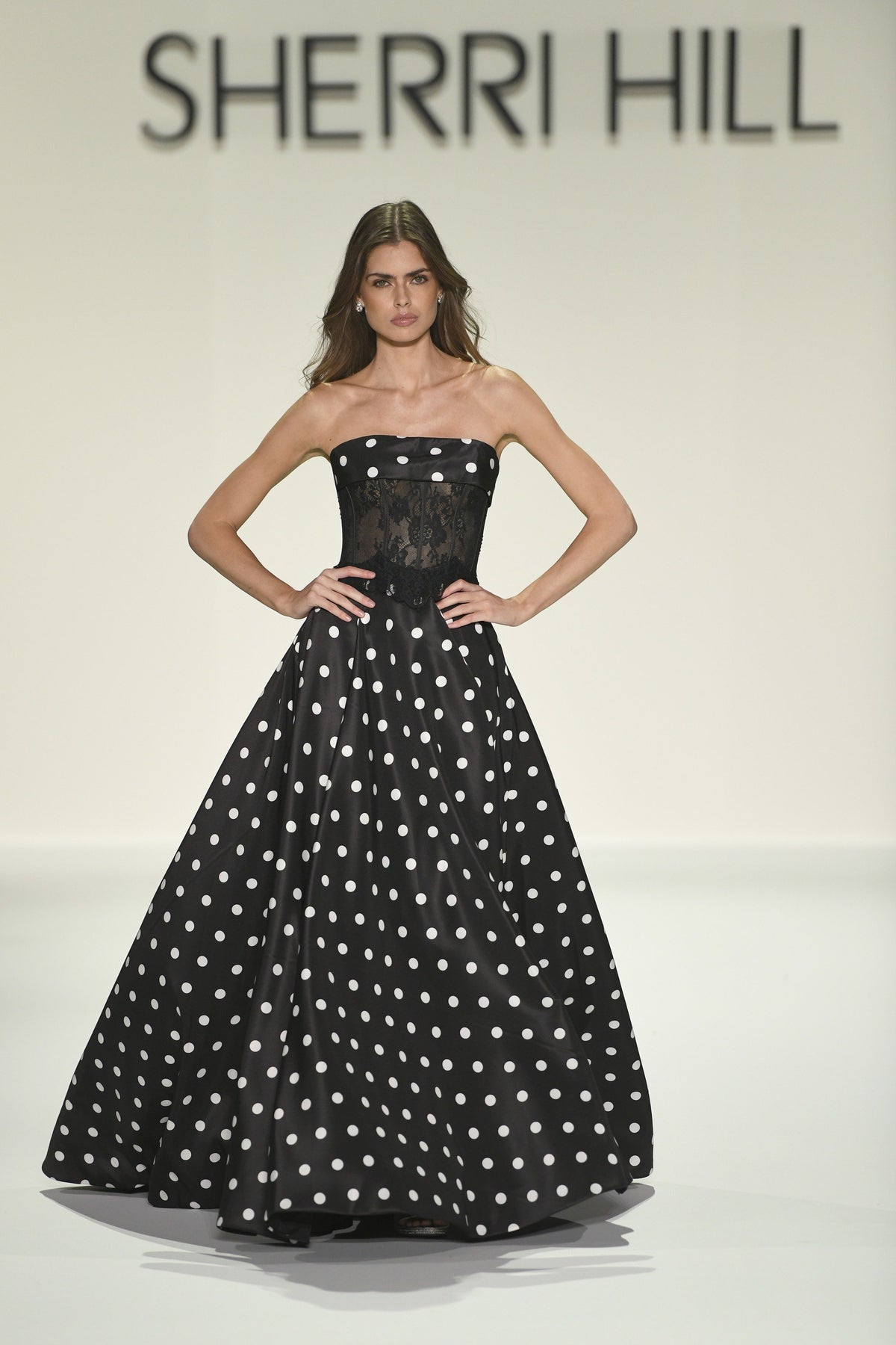 Sherri Hill 57988 strapless A-line polkadot gown in black with ivory