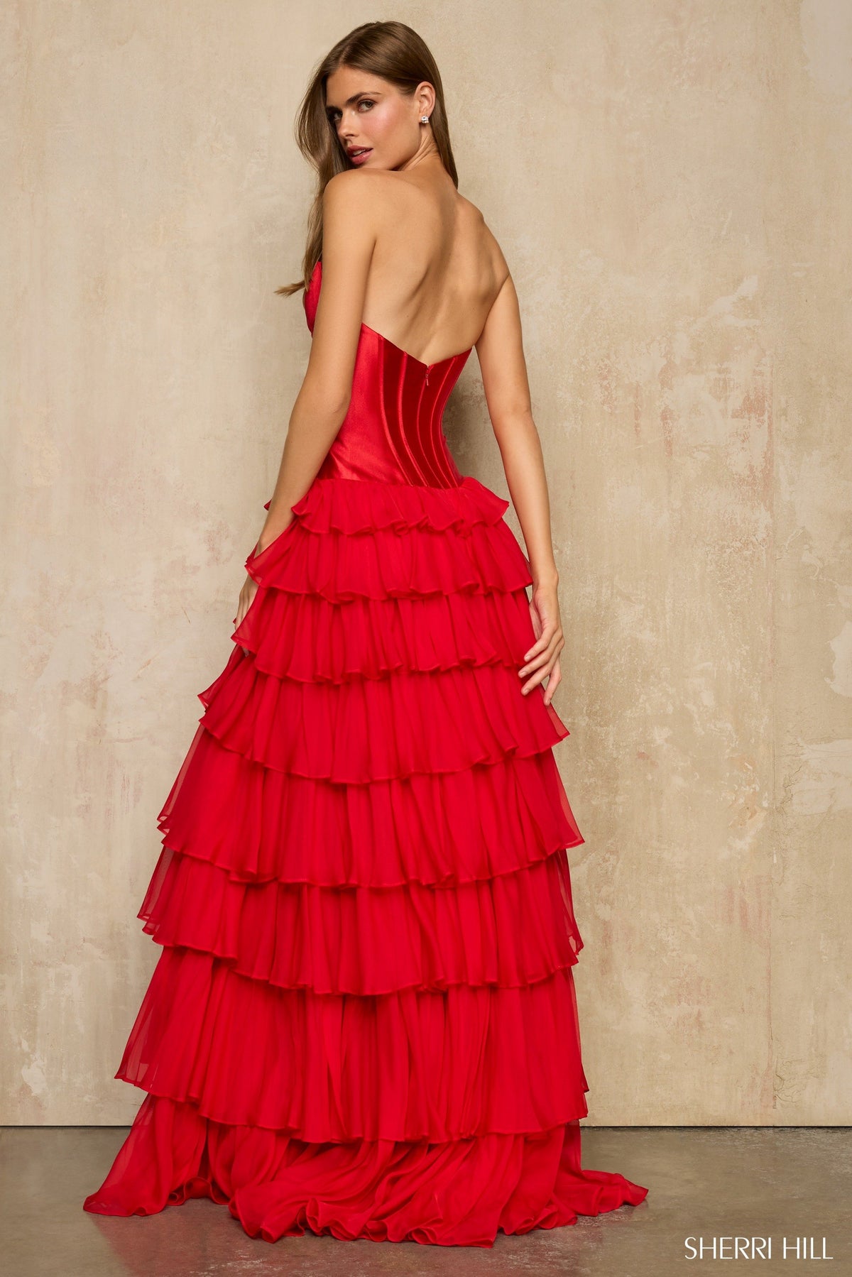 Sherri Hill 57746 strapless satin corset ball gown