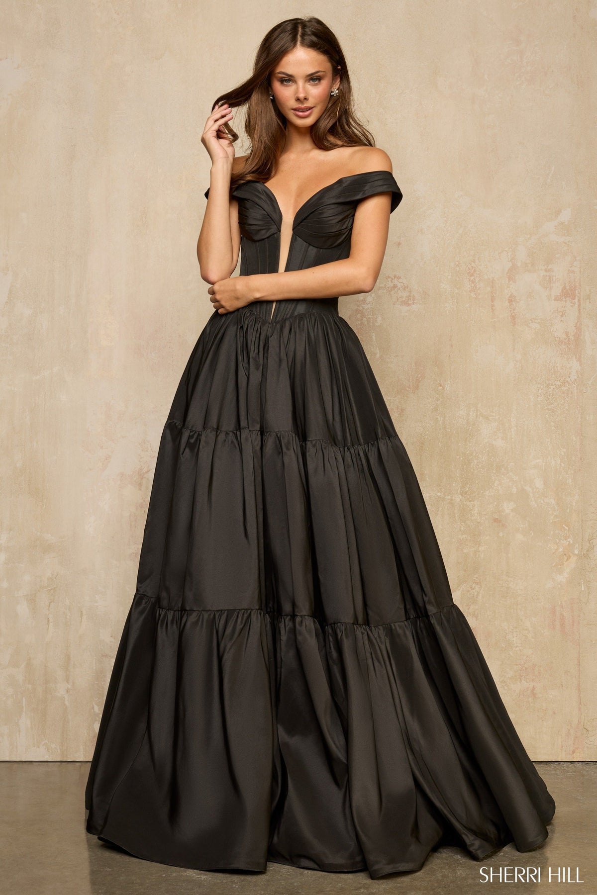 Sherri Hill 57945 off the shoulder ballgown in black