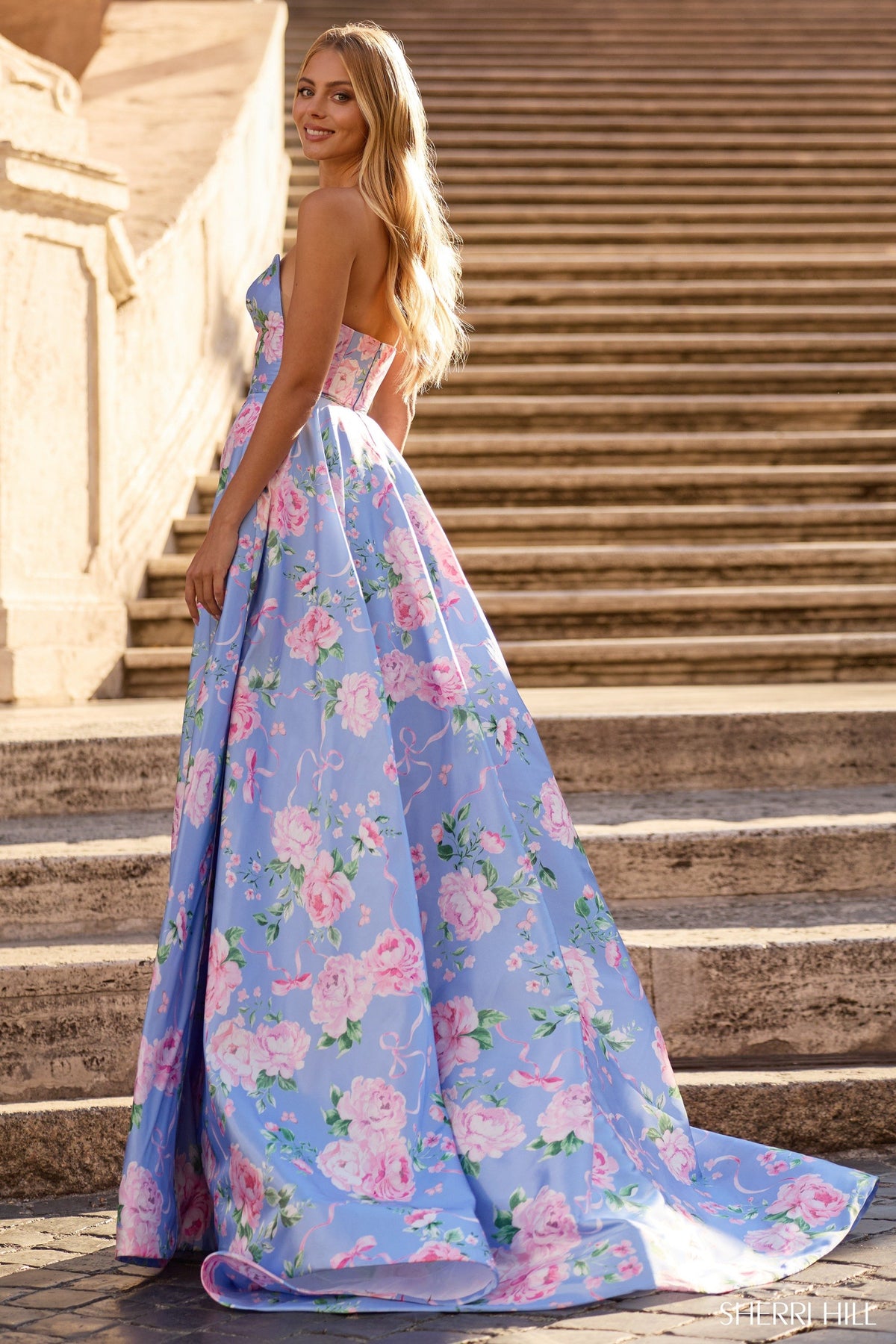 Sherri Hill 57880 strapless floral A-line gown