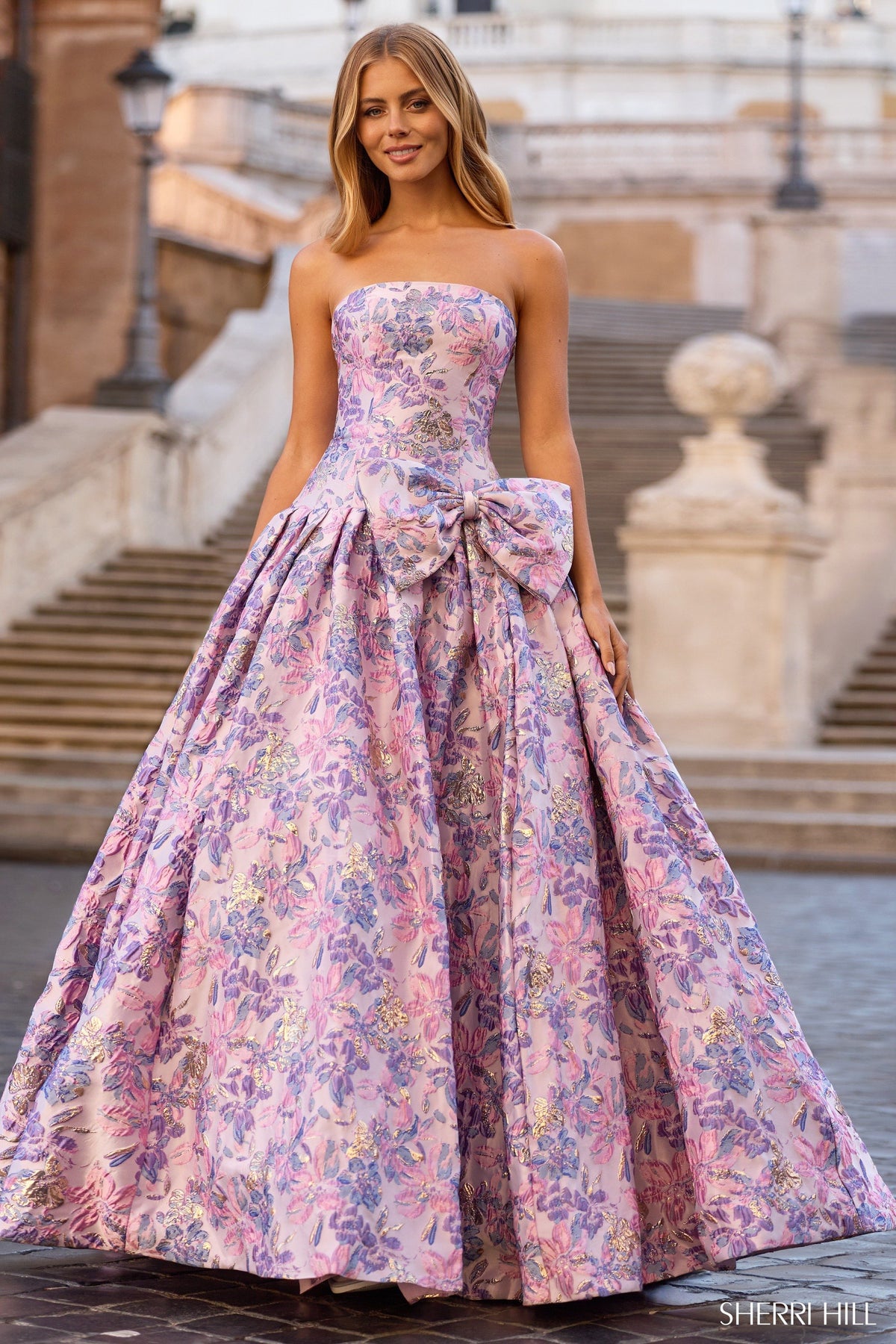 Sherri Hill 57781 strapless drop-waist brocade ballgown in lilac print