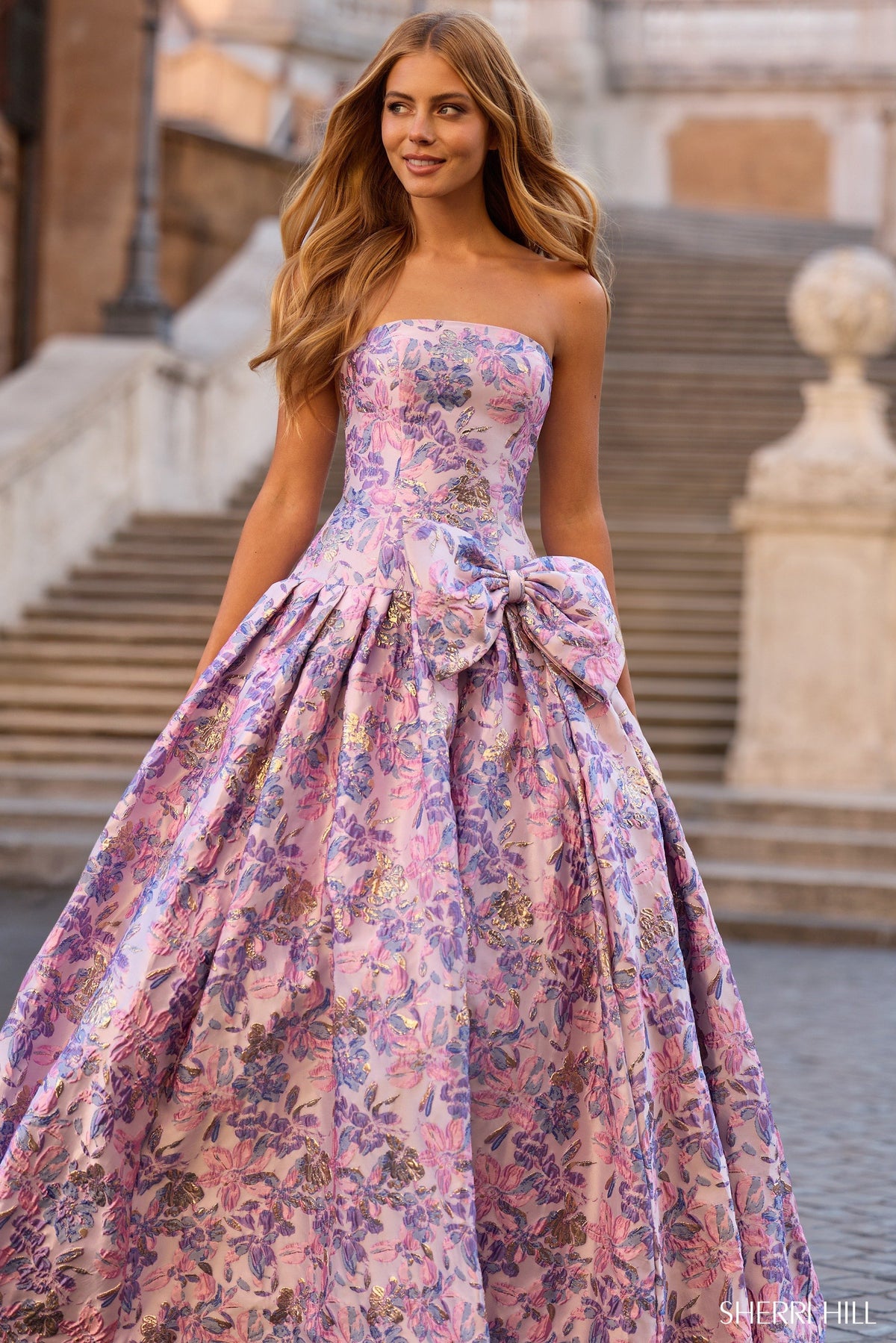 Sherri Hill 57781 strapless drop-waist brocade ballgown