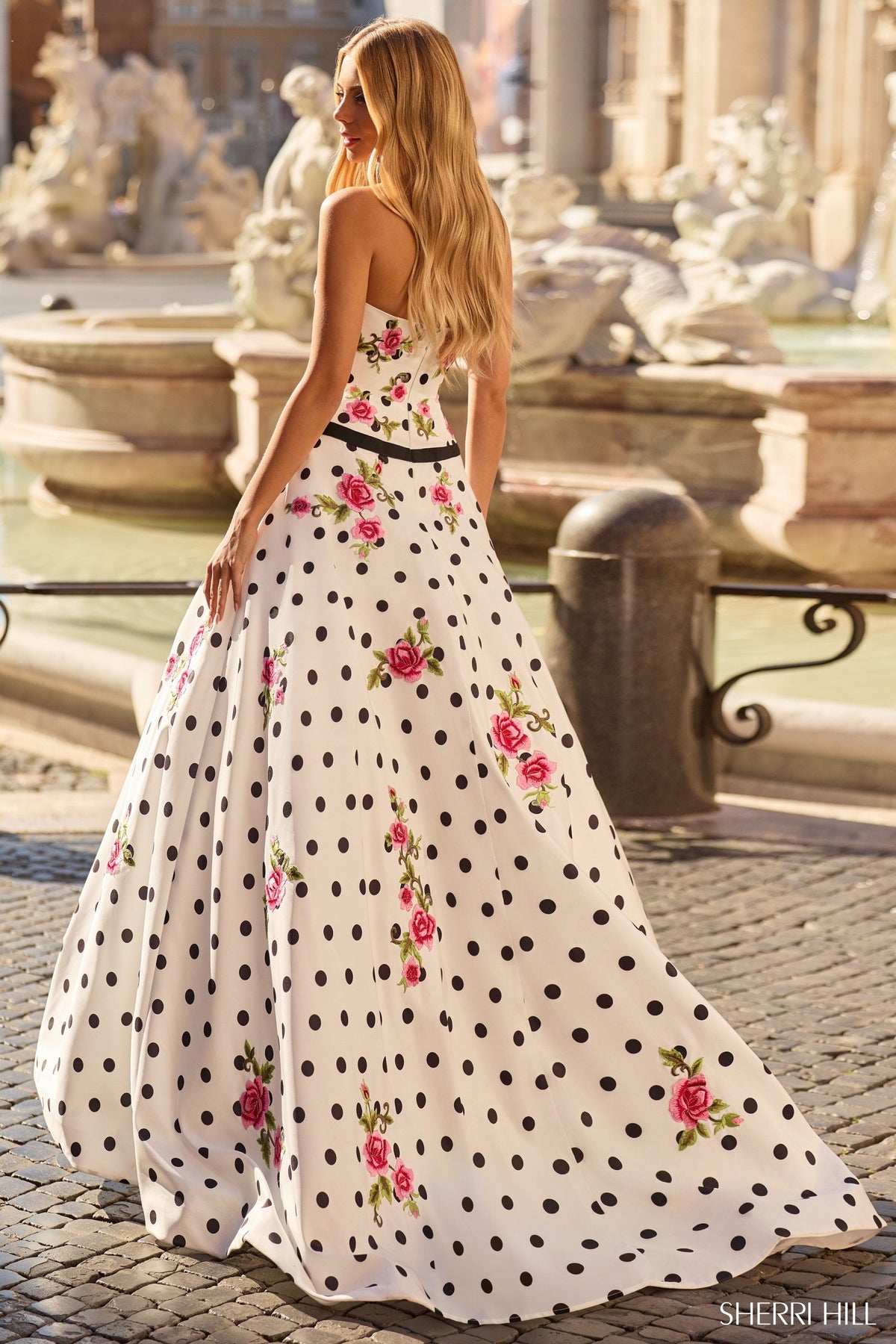Sherri Hill 57980 strapless polka dot drop-waist ballgown