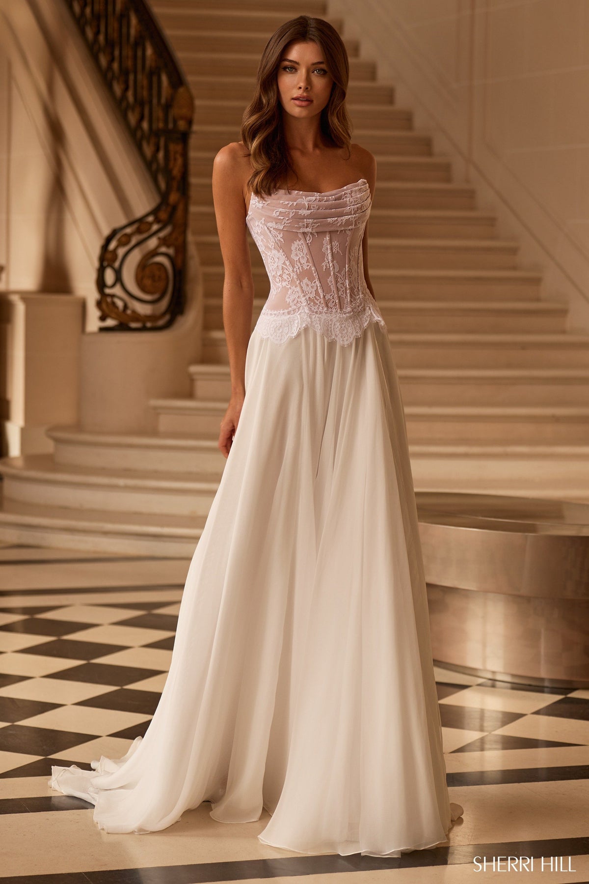 Sherri Hill 58248 strapless A-line gown in ivory with nude