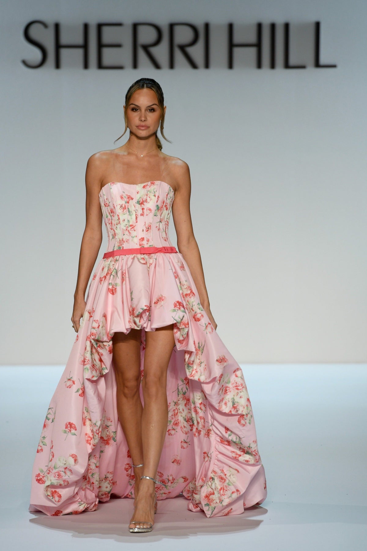 Sherri Hill 58652 strapless floral print high-low gown