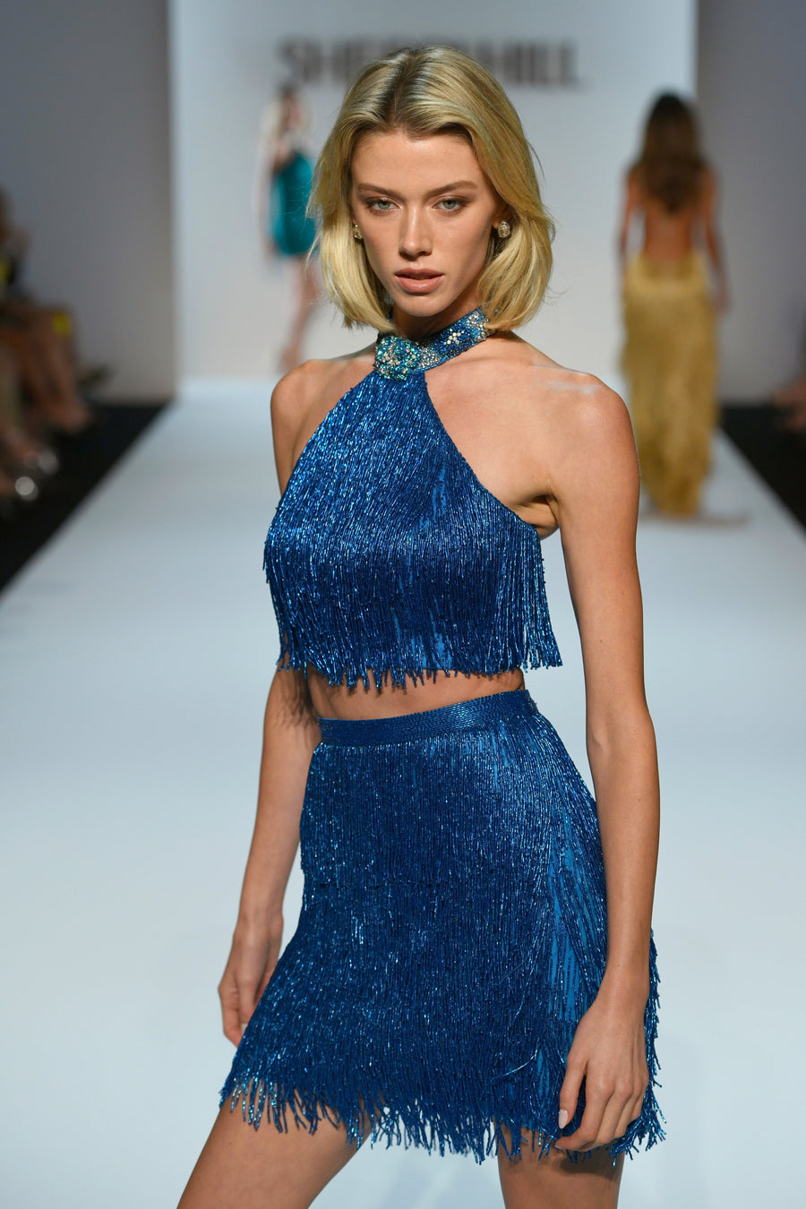 Sherri Hill style 67346 in peacock/aqua/silver/ab, Two-Piece Halter Fringe Cocktail Dress