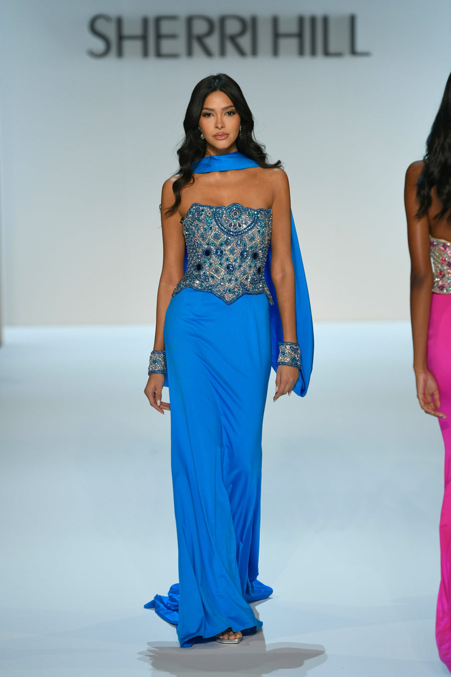 Sherri Hill style 67347 in black/multi, Beaded Corset Gown with Draped Scarf
