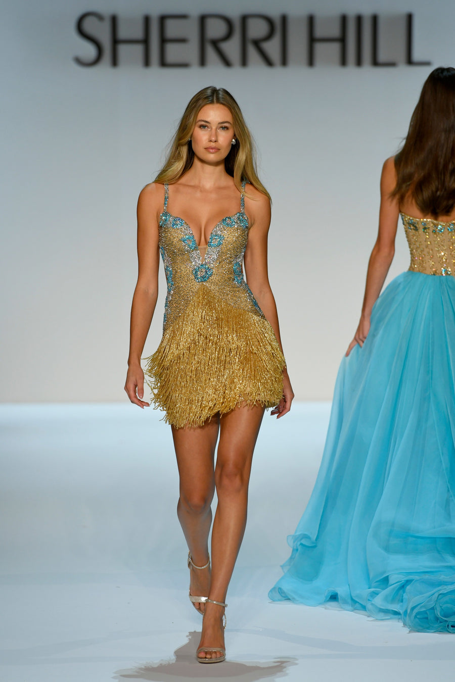 Sherri Hill style 67248 in lilac/multi, Beaded Deep V Fringe Cocktail Dress