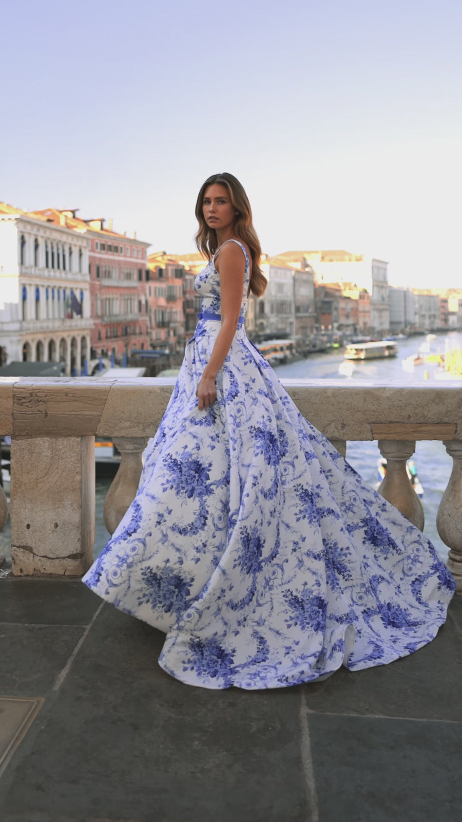 Sherri Hill style 57482 in ivory/blue print, Floral Ballgown Finished with Bow
