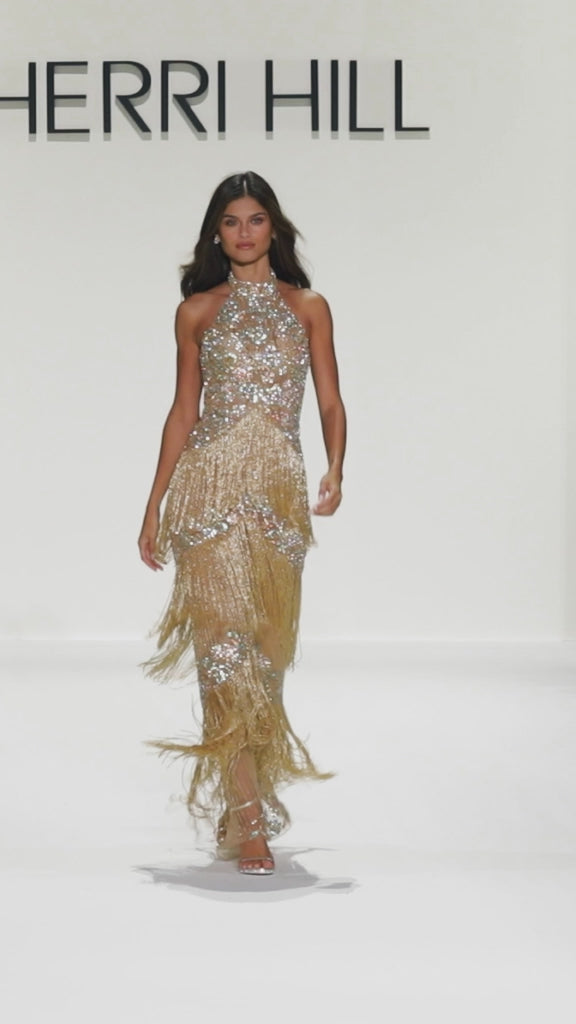 Sherri Hill style 67191 in gold/aqua/ab/gold, Fully Beaded Halter Gown