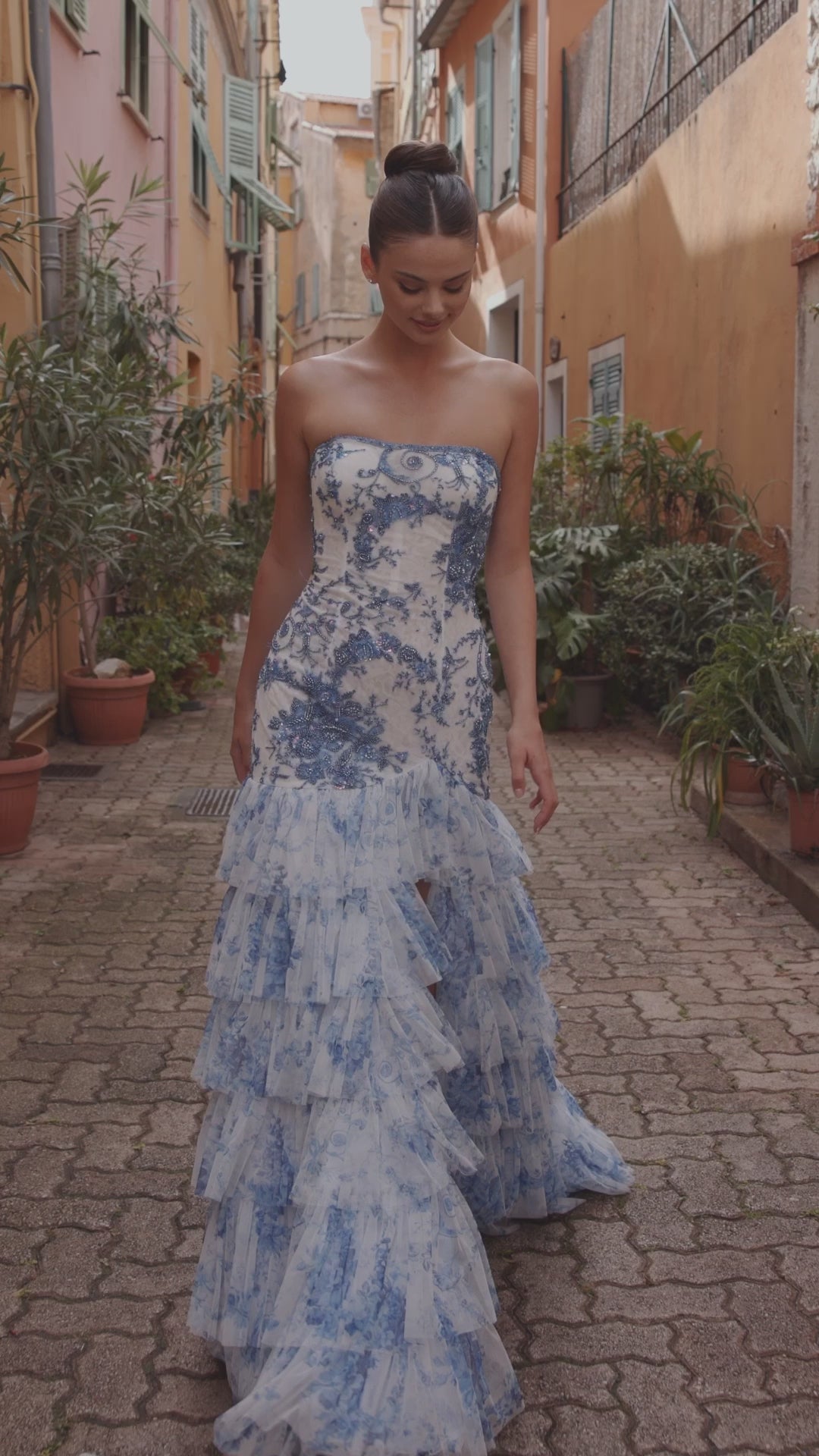 Sherri Hill 57114 strapless beaded floral blue print gown video