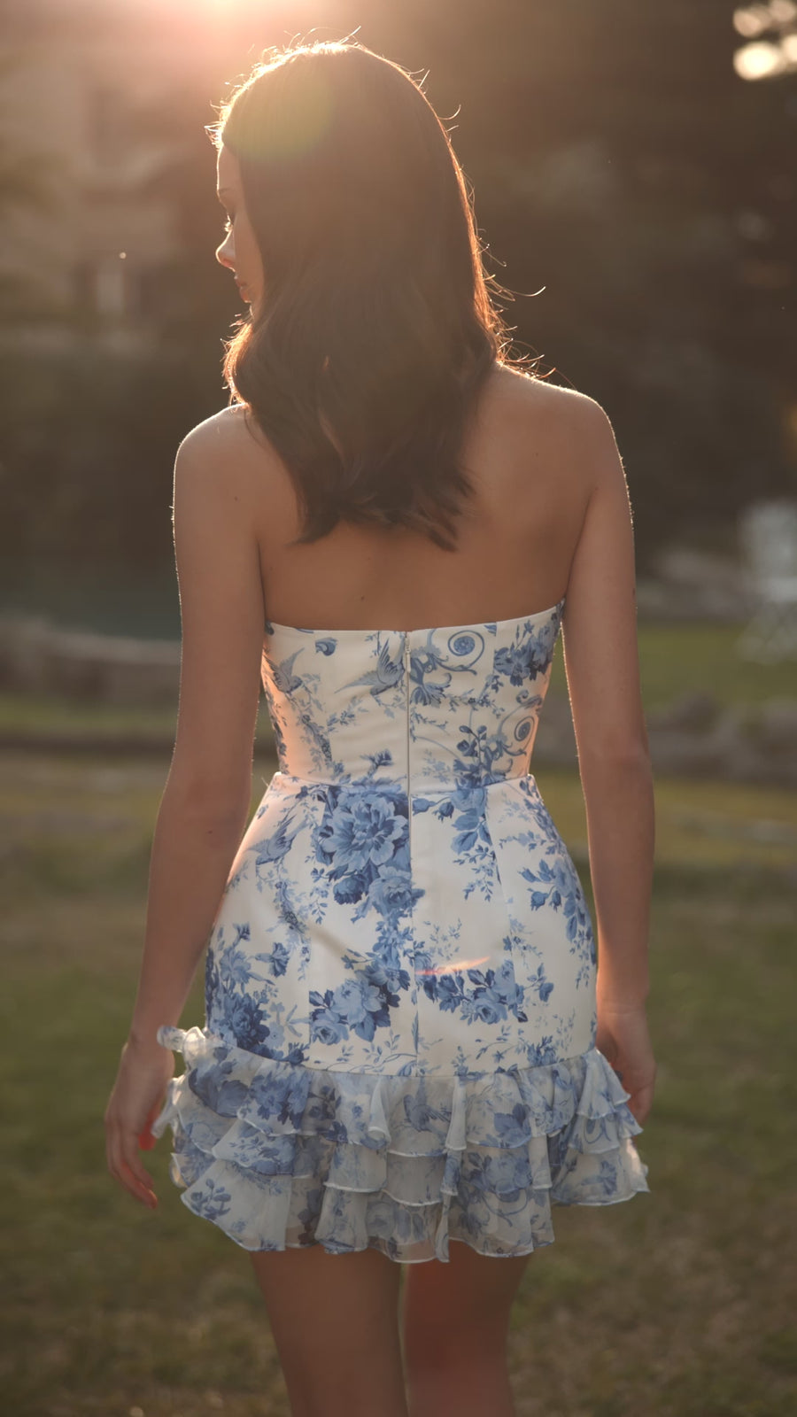 Sherri Hill style 57300 in blue/ivory print, Strapless Floral Fitted Cocktail Dress