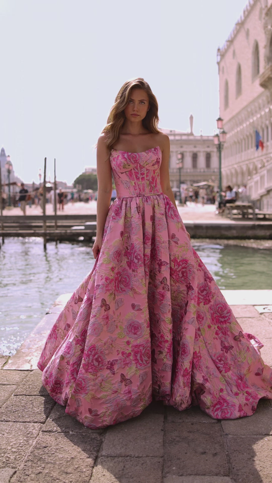 Sherri Hill style 57515 in pink, Strapless Brocade Ballgown