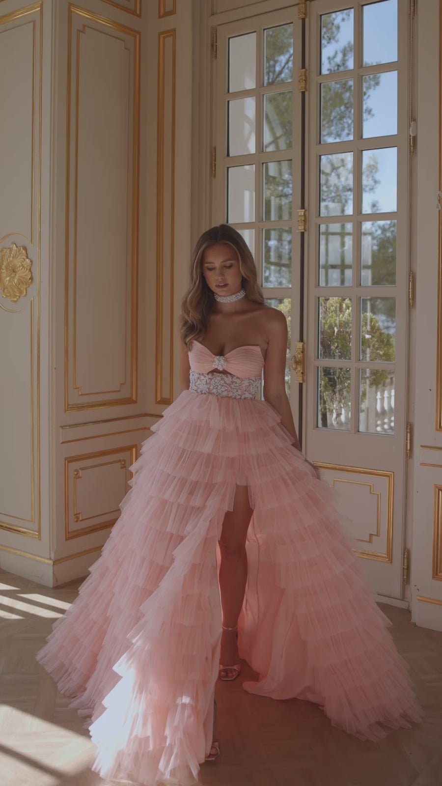 Sherri Hill style 57219 in blush/ivory, Strapless Tulle Ruffle Ball Gown