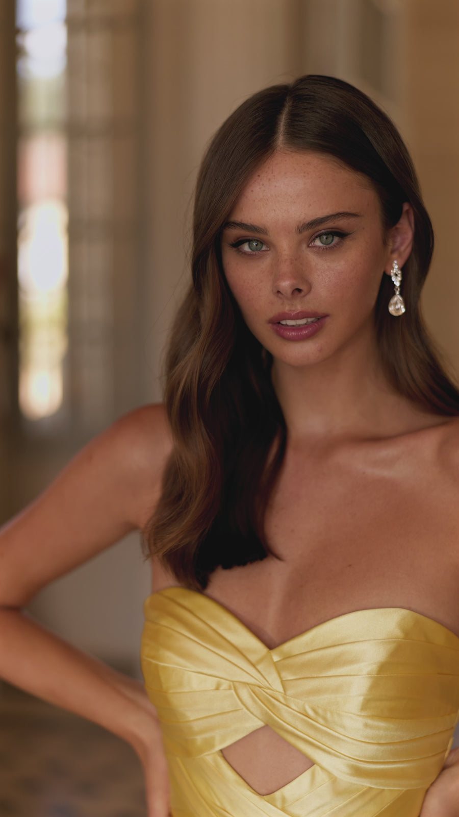 Sherri Hill style 57652 in yellow, Strapless Fitted Stretch Satin Gown